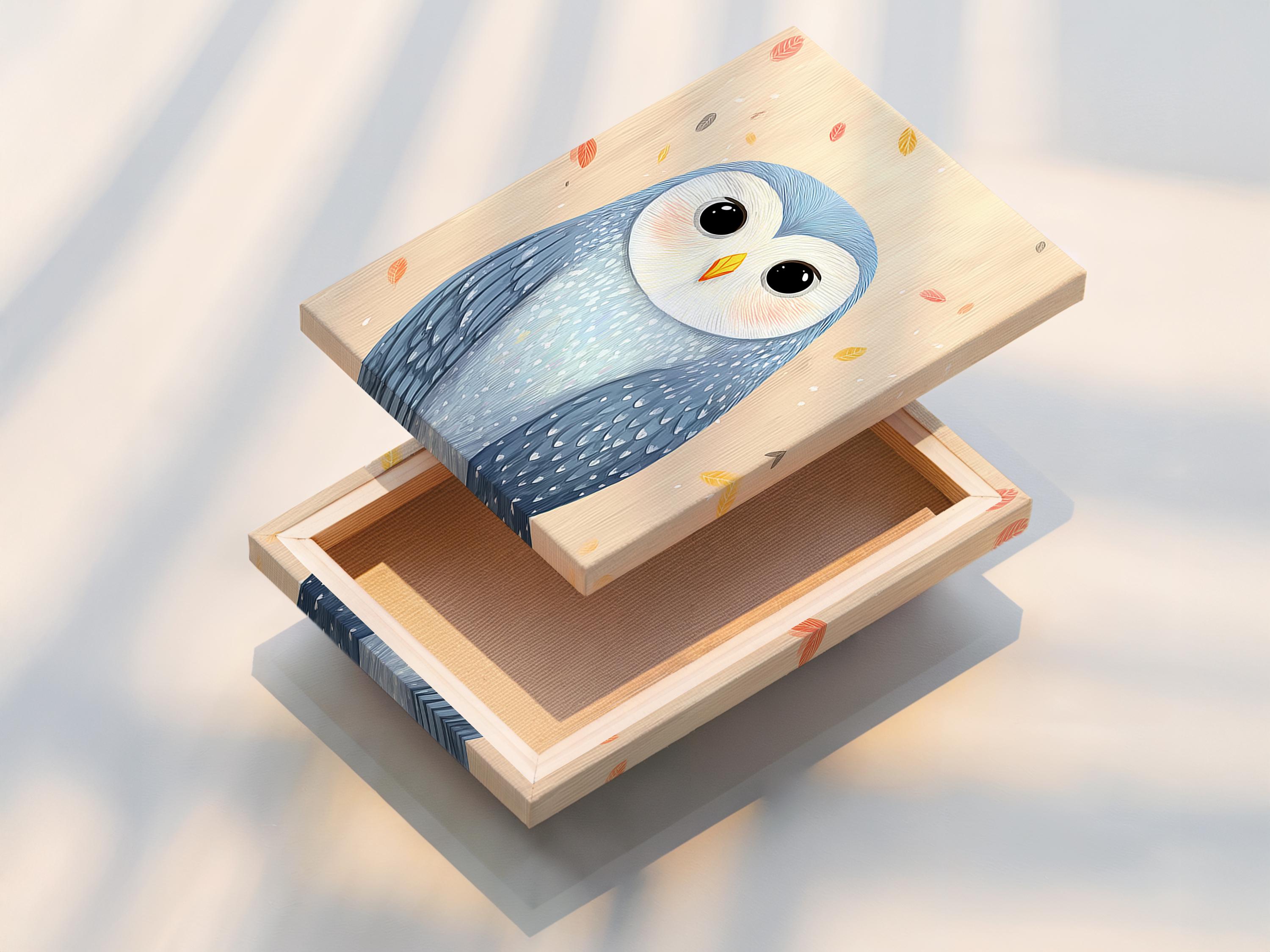 Illustrated owl portrait with big dark eyes, soft blue feathers and scattered pastel leaves on cream background detail view