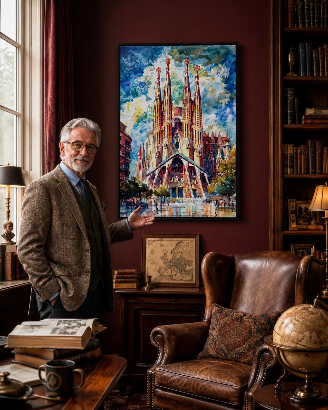 Room mockup showing a framed cathedral spires artwork on a blue wall above a desk