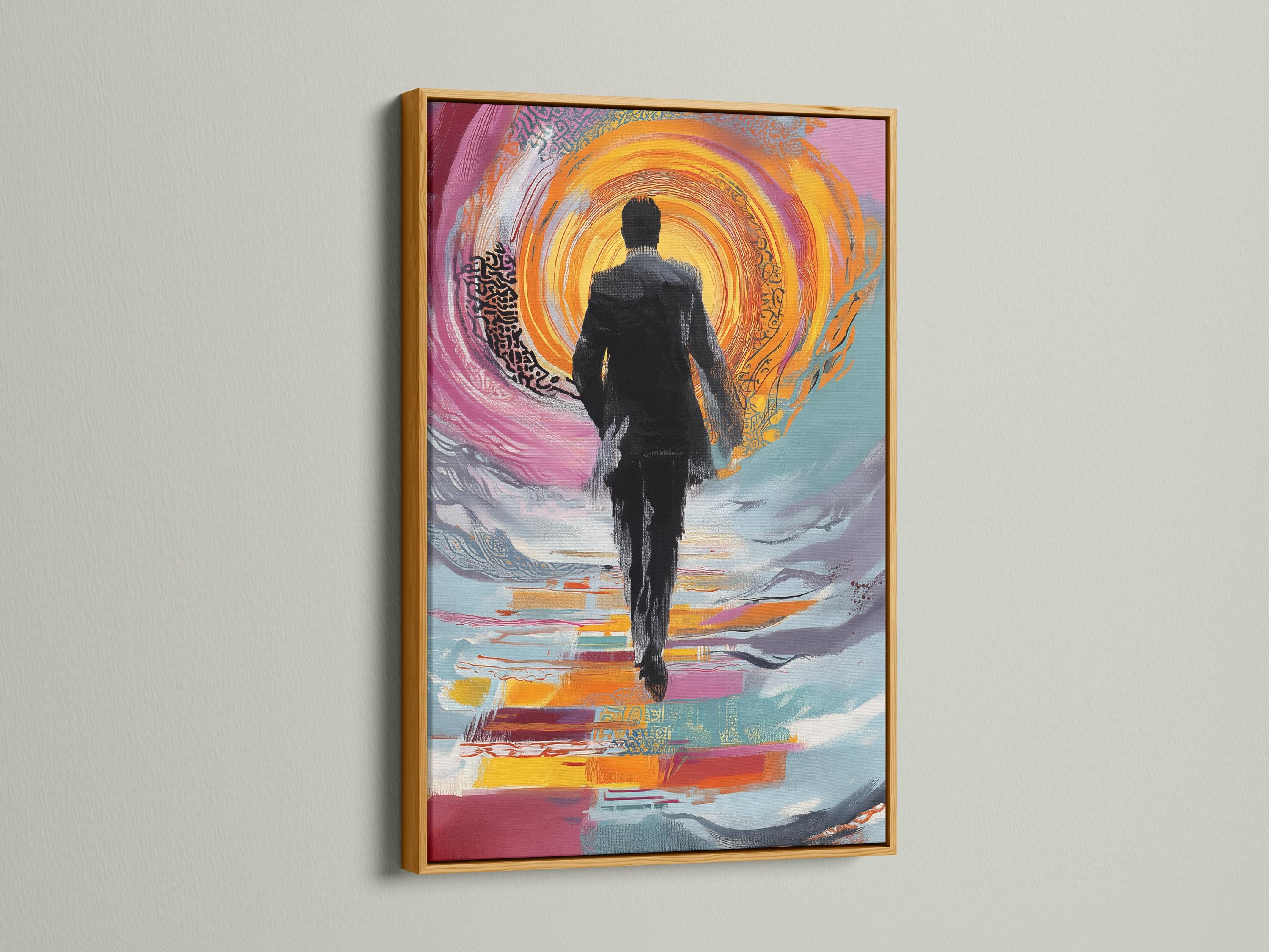 Person seated in a living room with a framed abstract man silhouette artwork on the wall