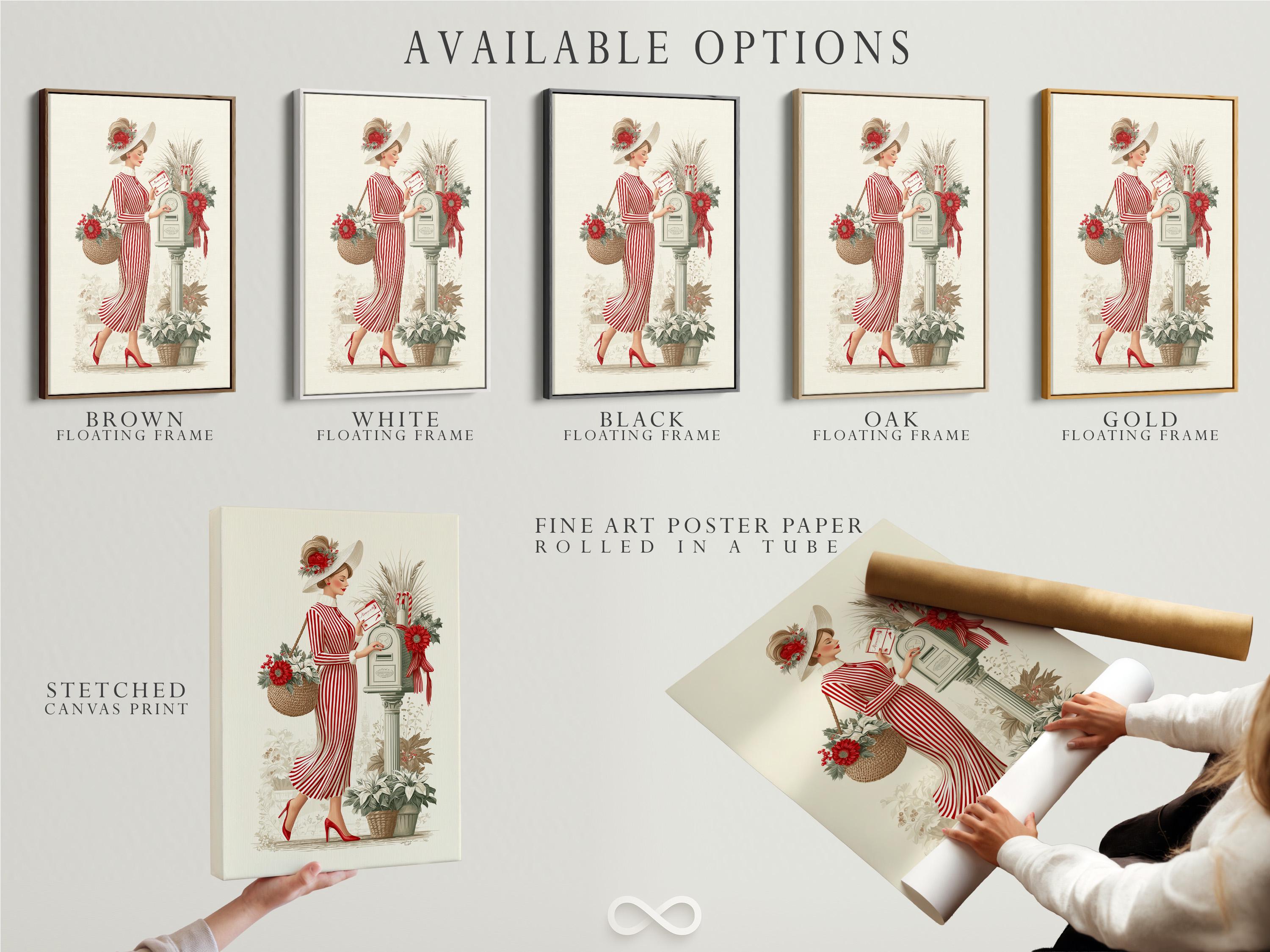 Vintage lady illustration in a red striped dress with a floral hat beside a vase of red flowers detail view