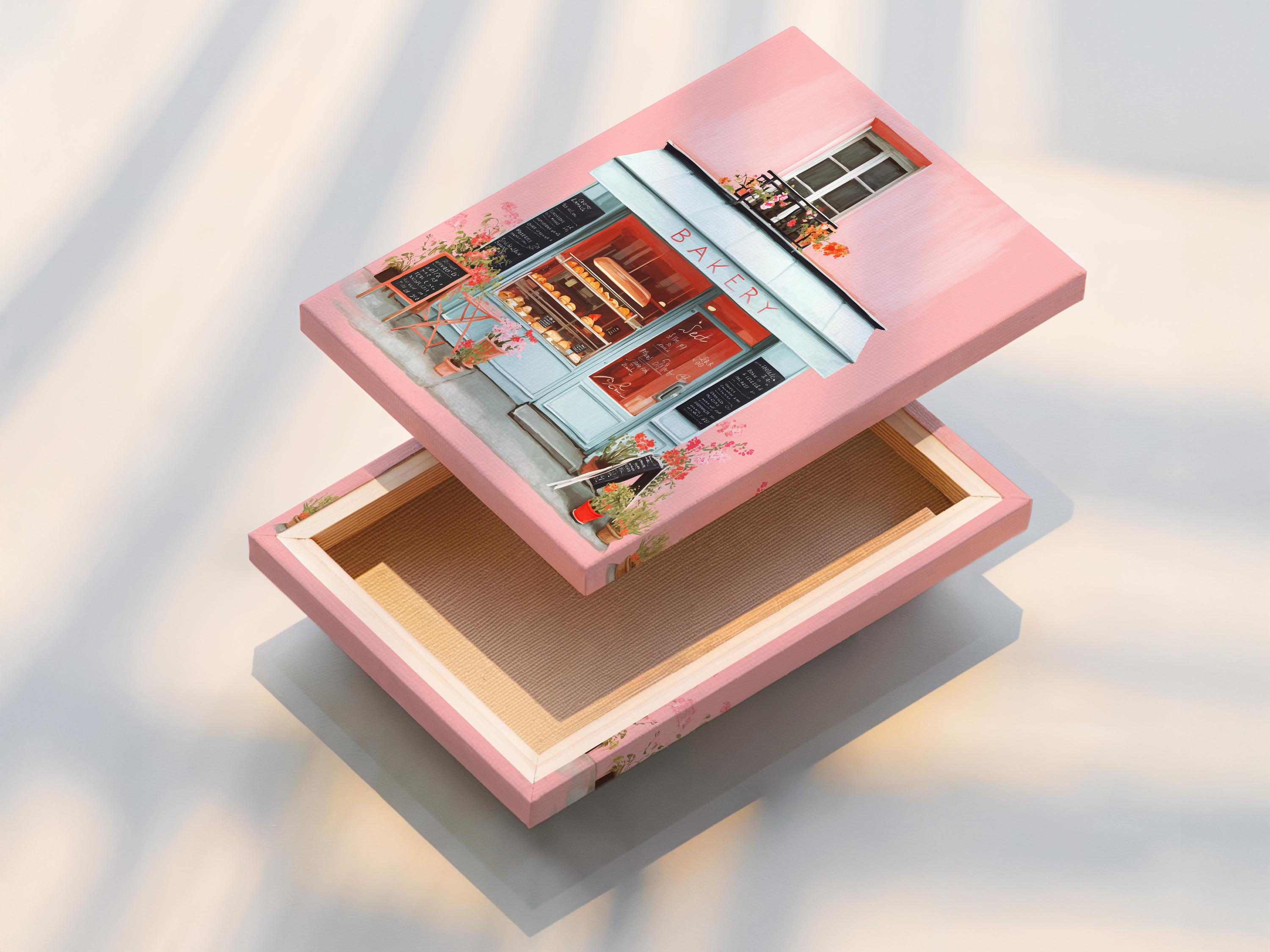 Room mockup showing a framed pastel bakery shopfront illustration