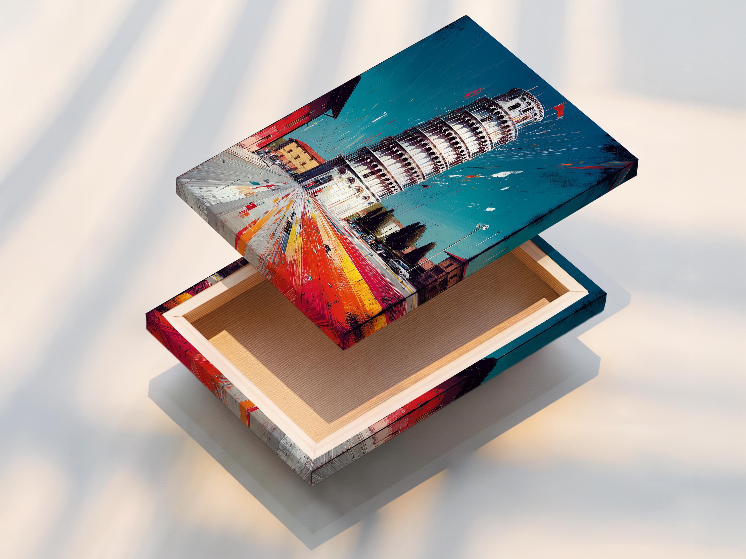 Stylised leaning tower above a teal sky with red, orange and yellow streaked city street detail view