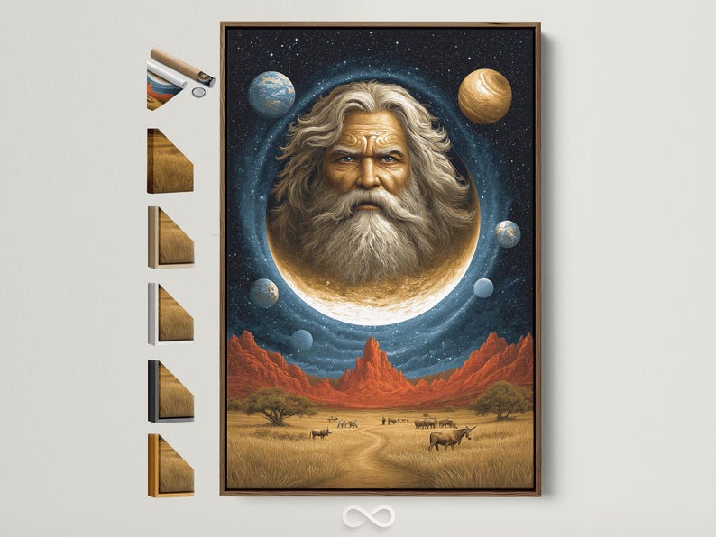 Surreal portrait of an elderly man with long hair and beard beneath a glowing moon in a starry sky