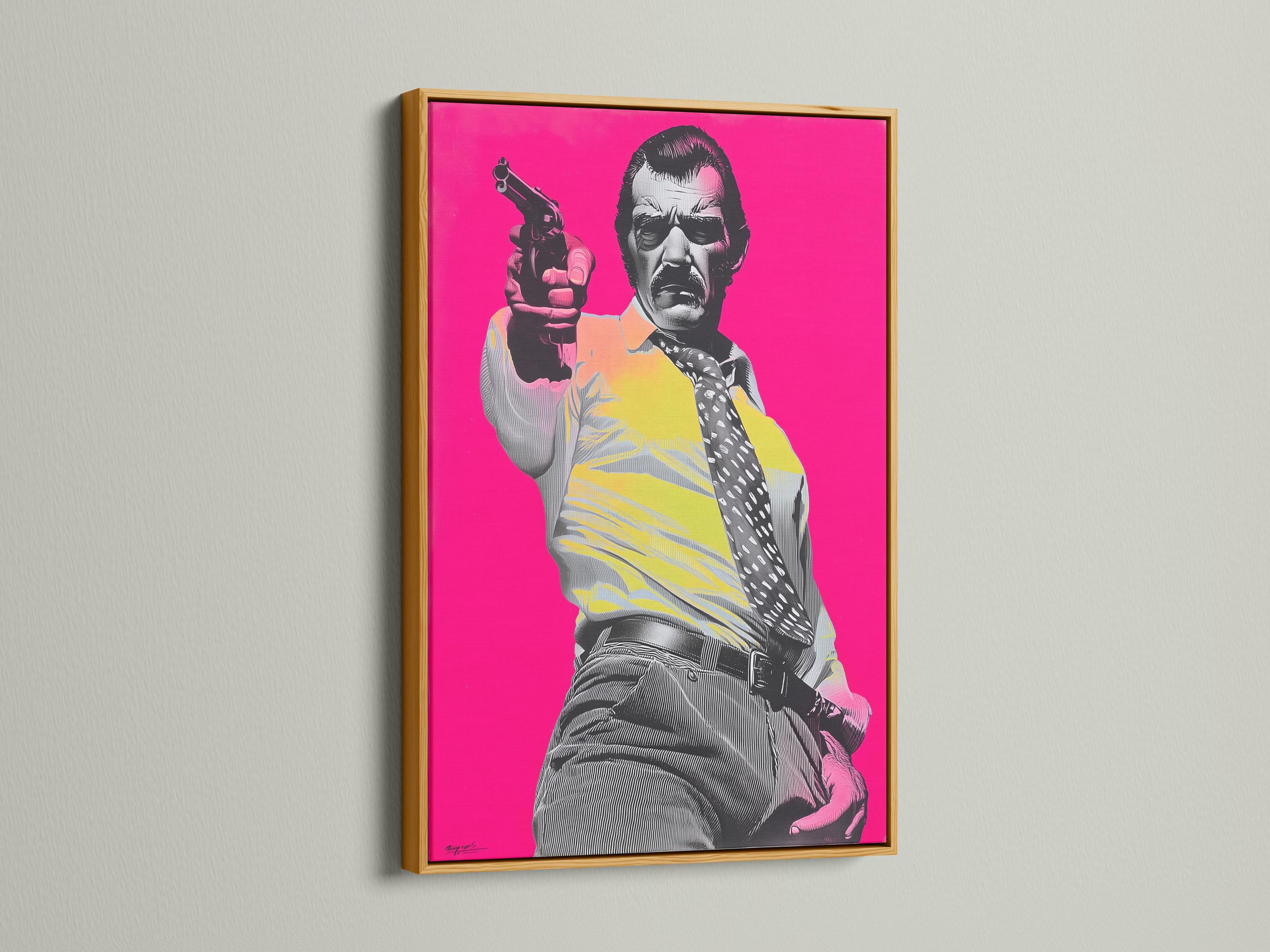 Hot-pink pop-art portrait of a man holding a handgun in black-and-white halftone style detail view
