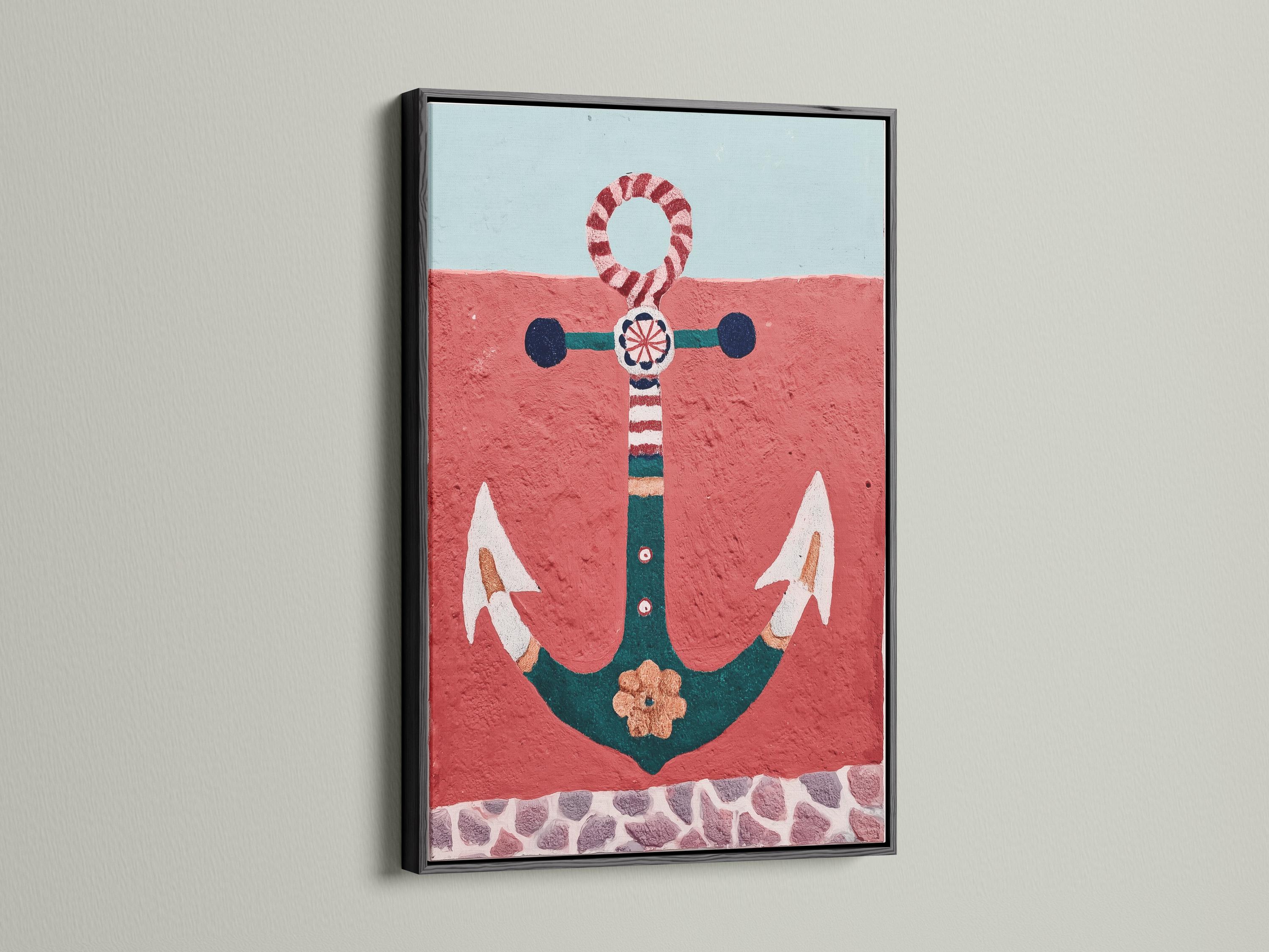 Illustrated nautical anchor with a red-and-white lifebuoy ring on a textured red background detail view