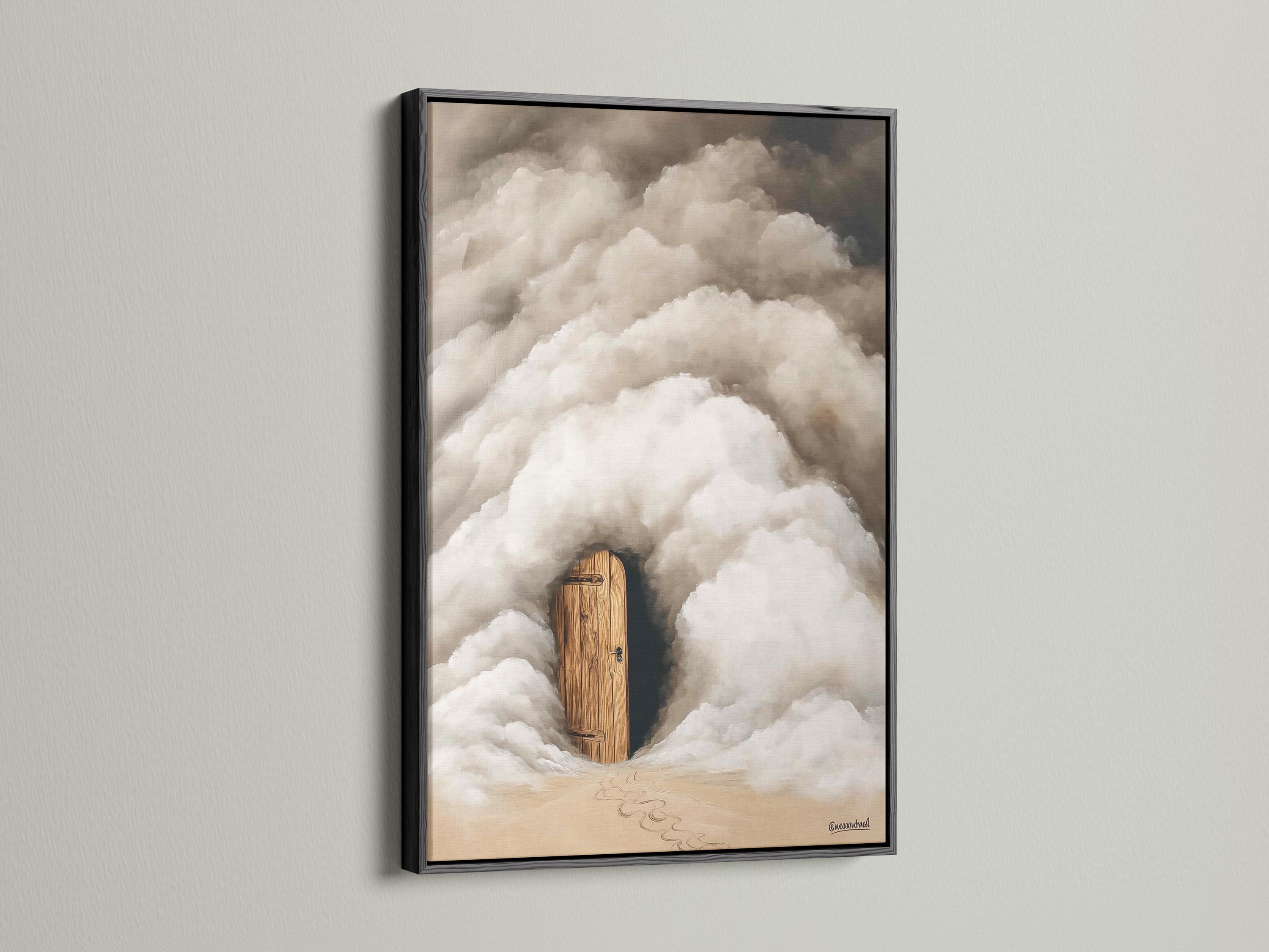 A wooden door emerges from soft grey and white clouds with warm beige ground beneath detail view