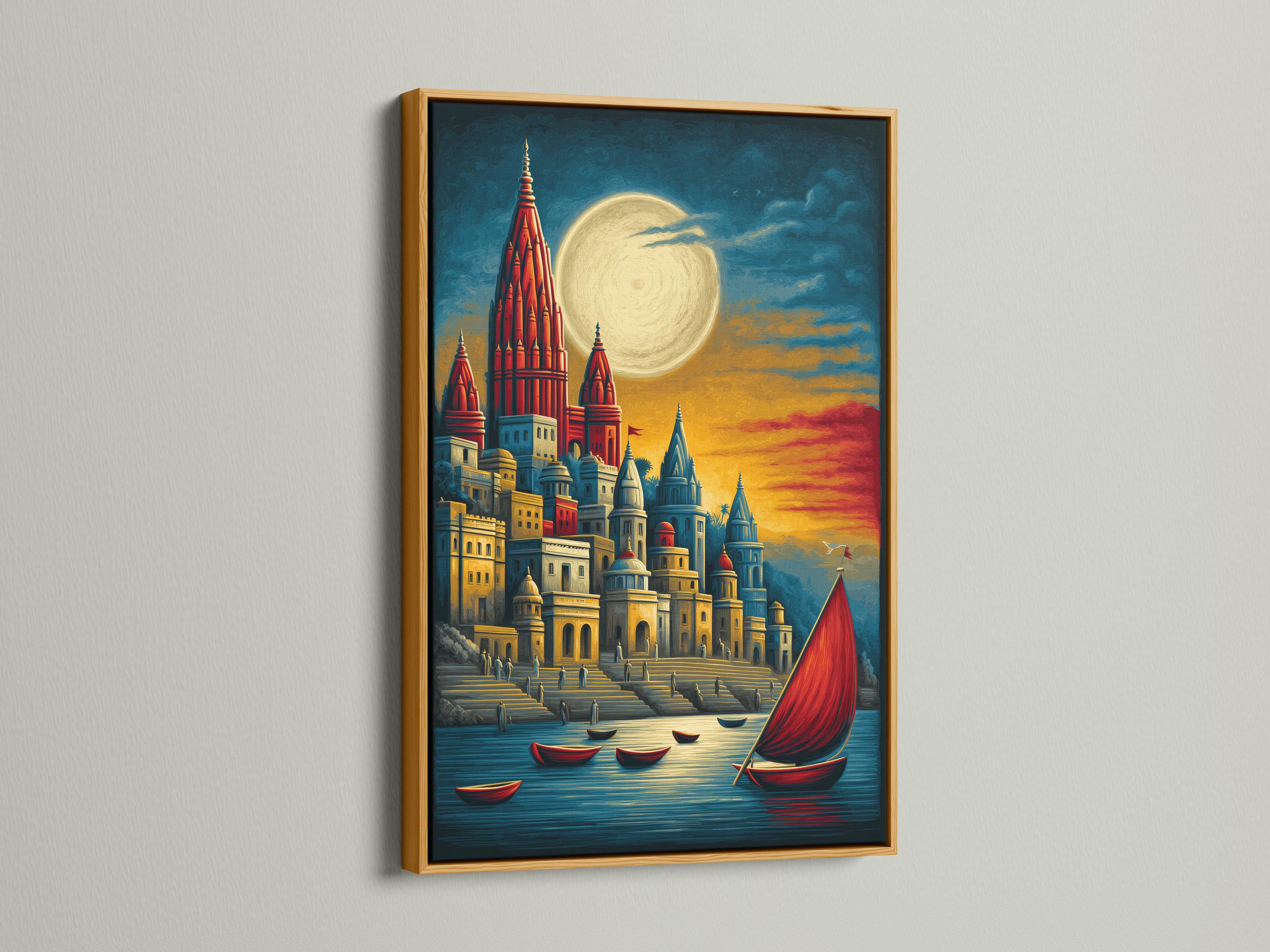 Moonlit harbour cityscape with red spires, boats, and a large pale moon over reflective water detail view