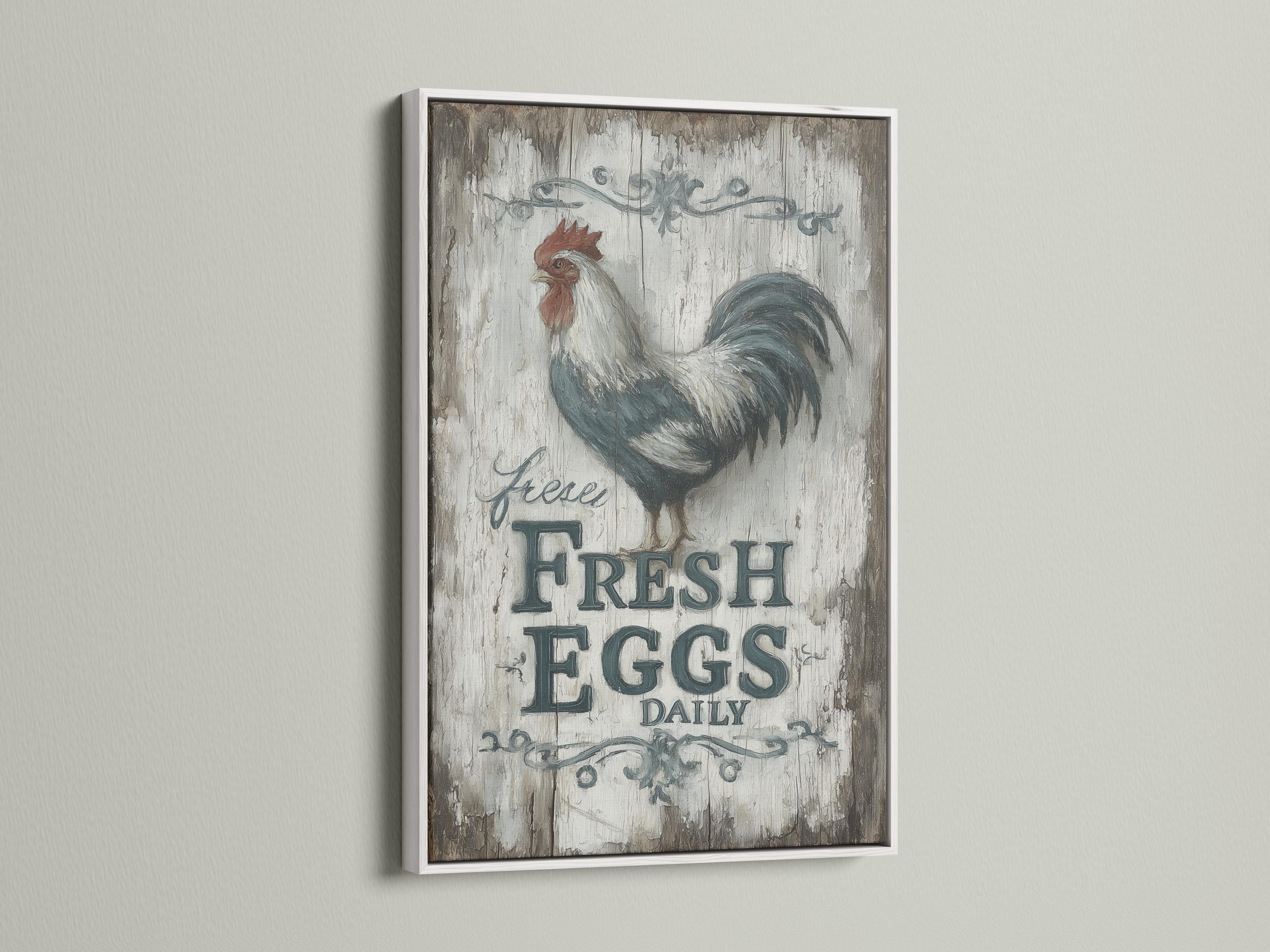 Rooster illustration above distressed text reading “FRESH EGGS DAILY” on a cracked grey background detail view