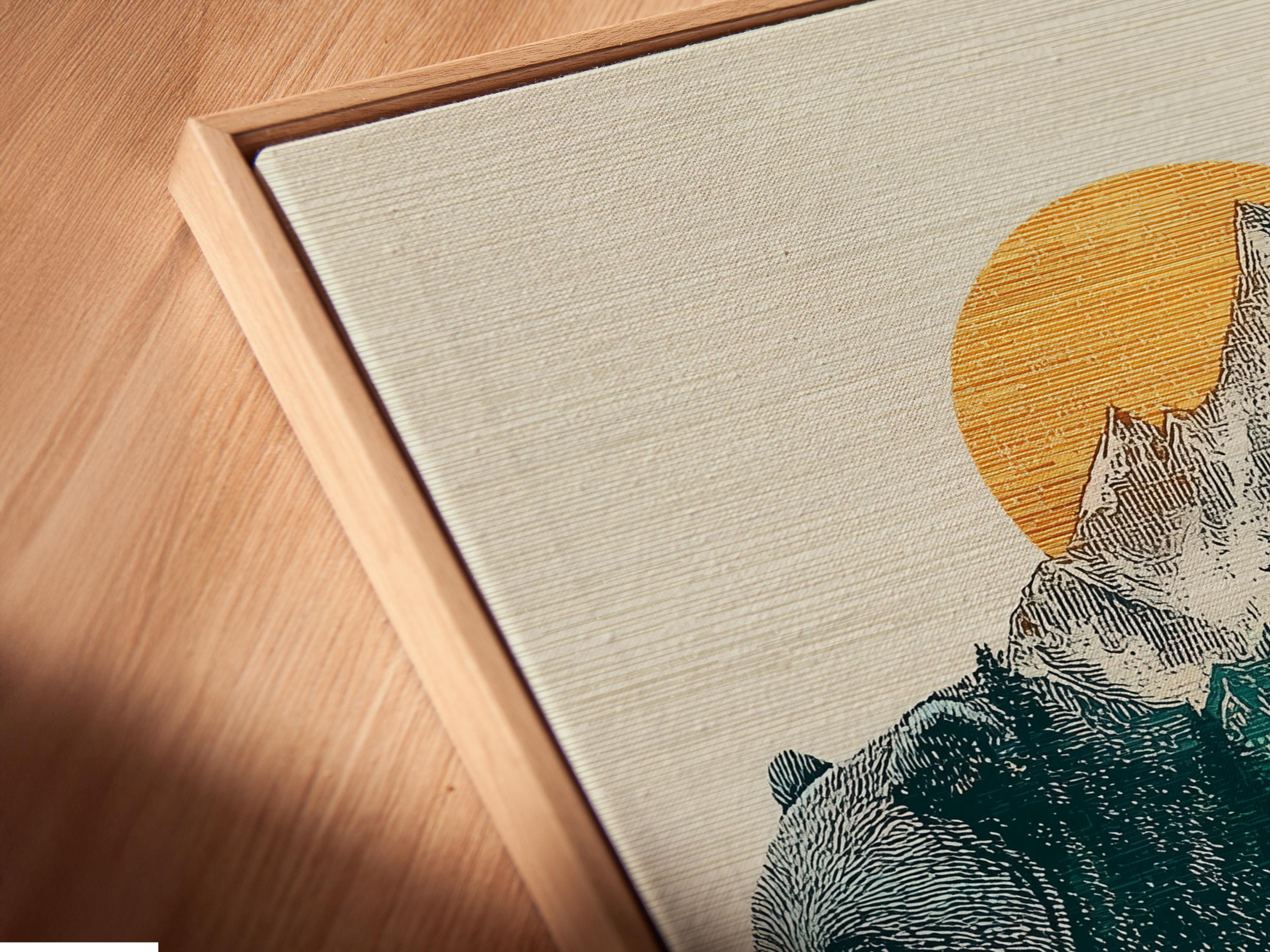 Illustration of a teal bear walking with a mountain and orange sun in the background detail view