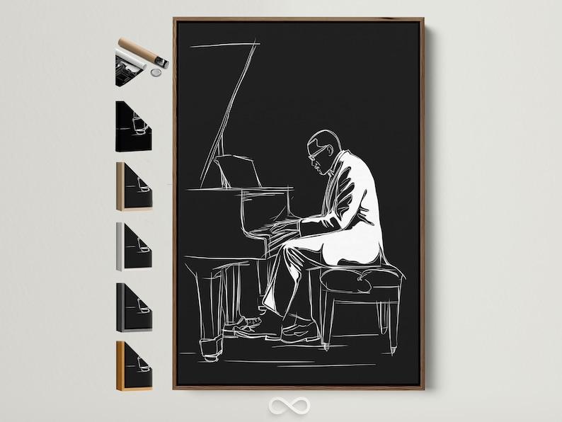 Minimalist black-and-white line drawing of a pianist playing a grand piano