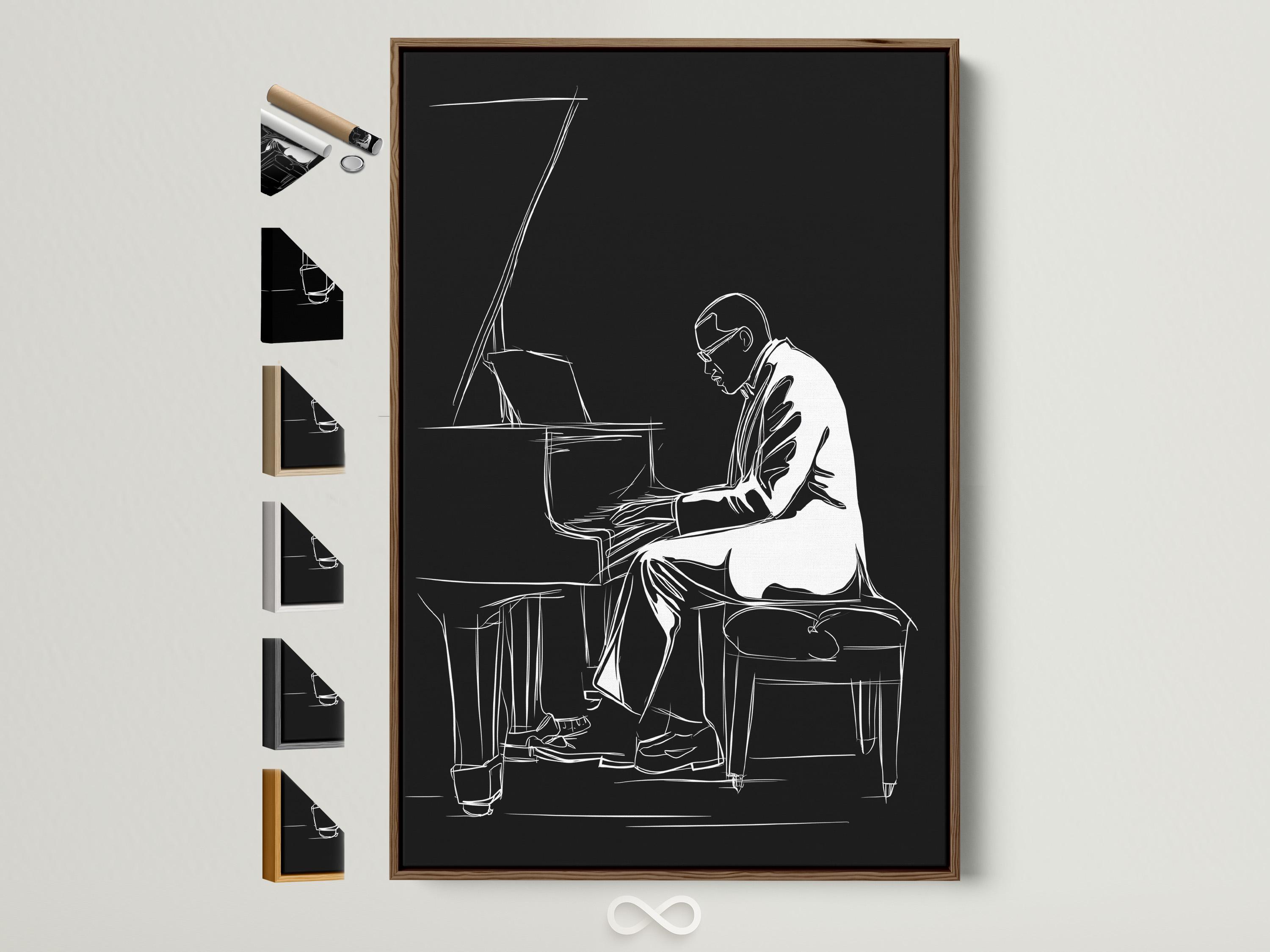 Minimalist black-and-white line drawing of a pianist playing a grand piano