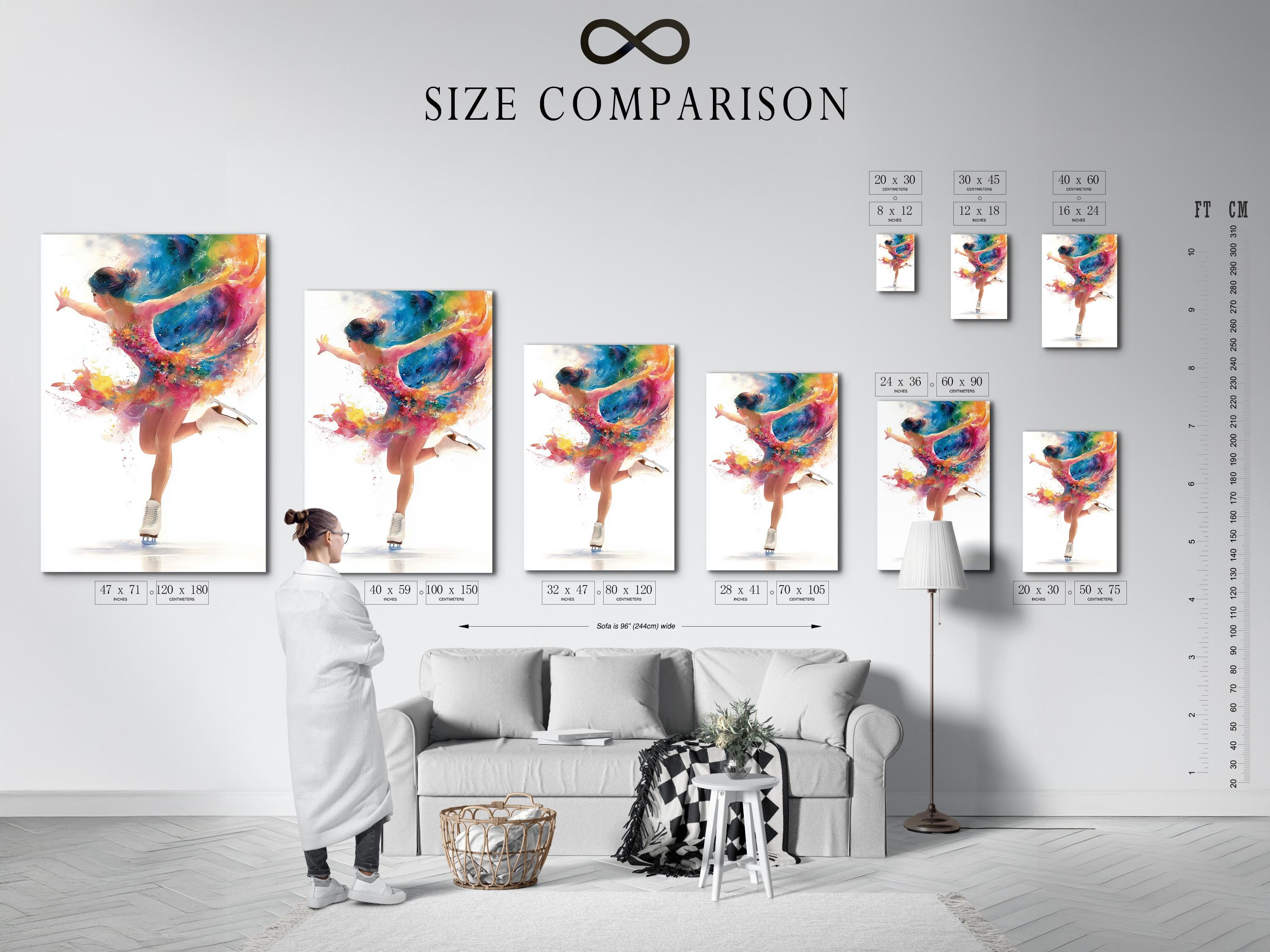 Stylised figure skater dancer with multicolour paint-splash motion over a white background detail view