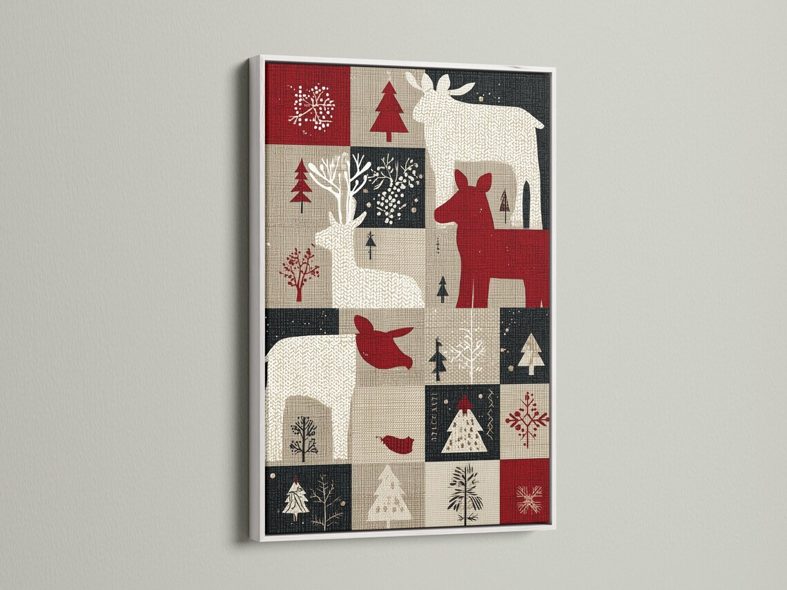 Deep red deer silhouette in a patchwork winter design with trees and snowflake motifs detail view