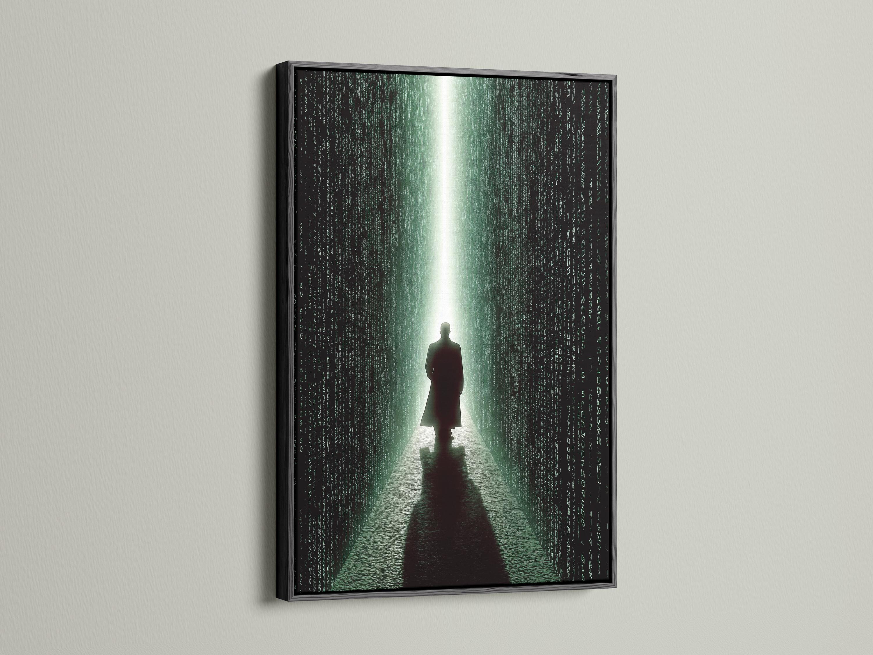 Room scene showing neon green cyberpunk corridor artwork with code-like characters