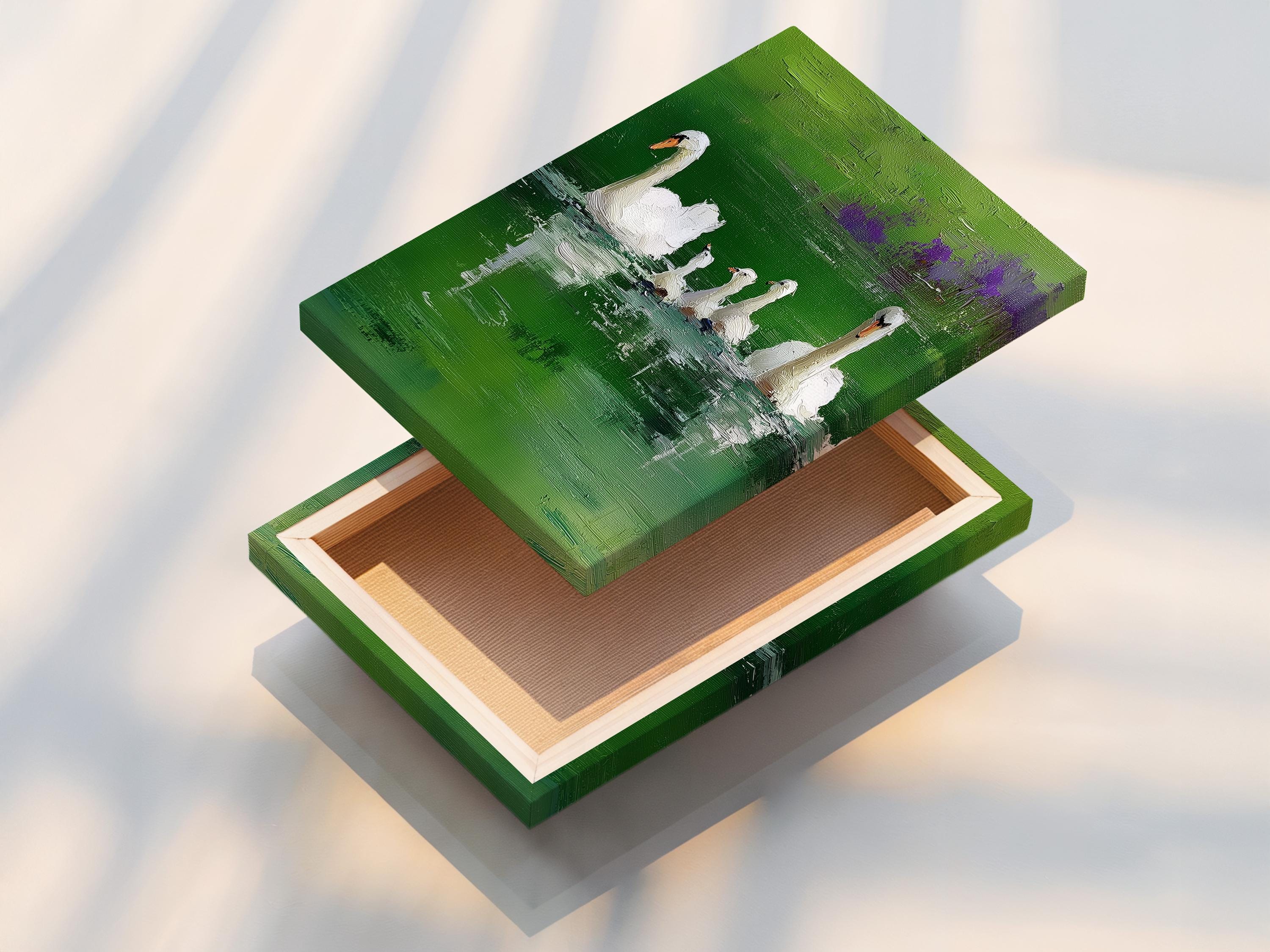 Room mockup with a framed green lake swan painting on a wall