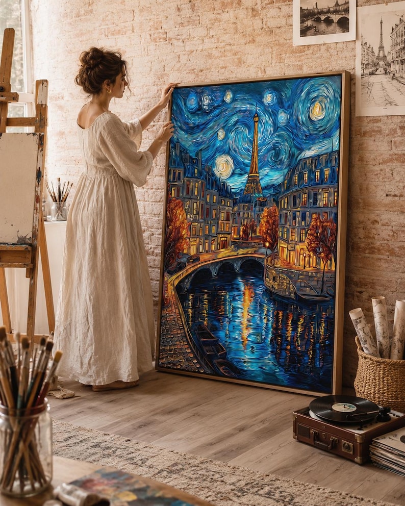 Eiffel Tower cityscape at night with swirling star-like lights and gold reflections on water