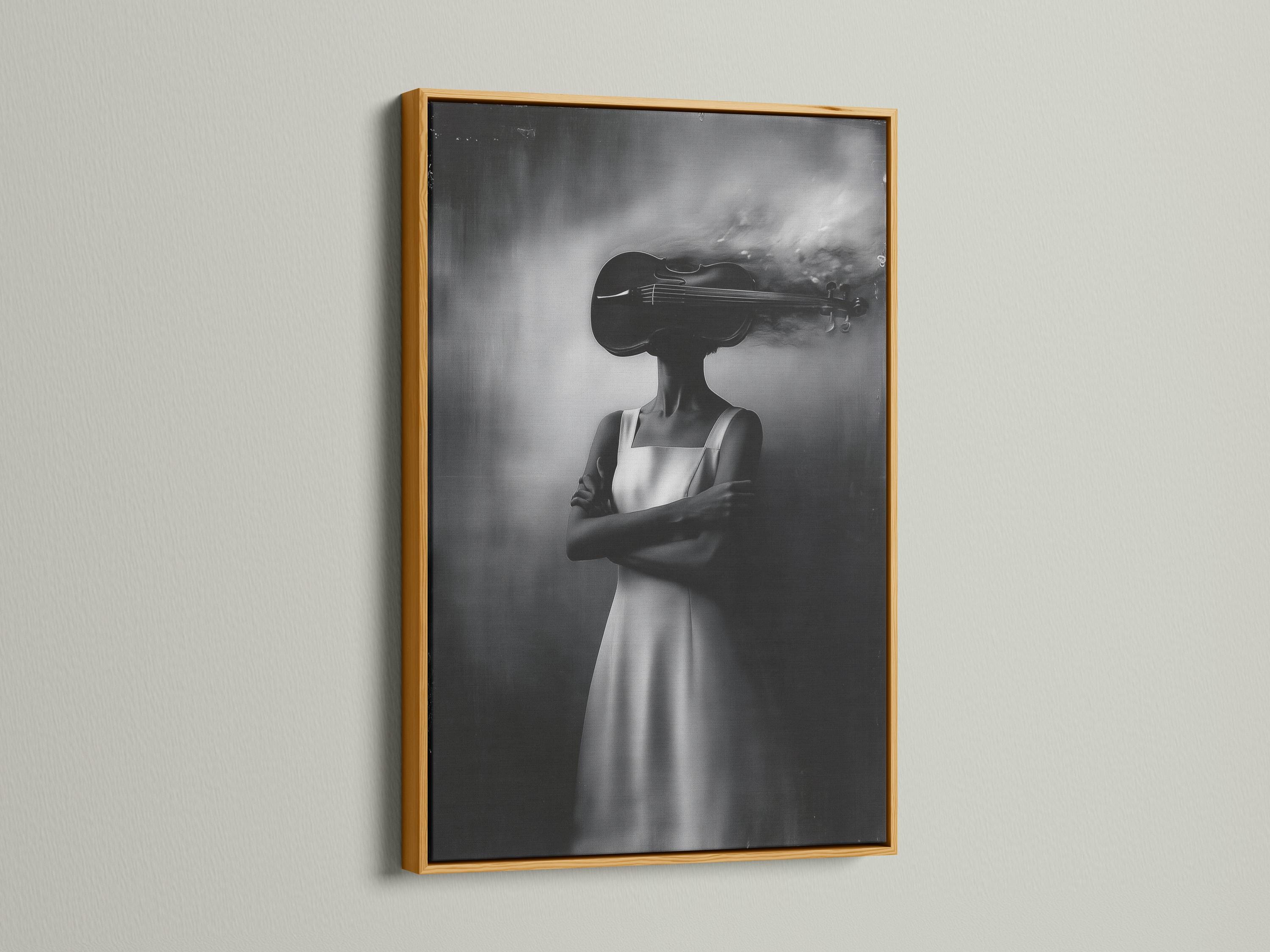 Monochrome double-exposure portrait of a woman holding a violin detail view