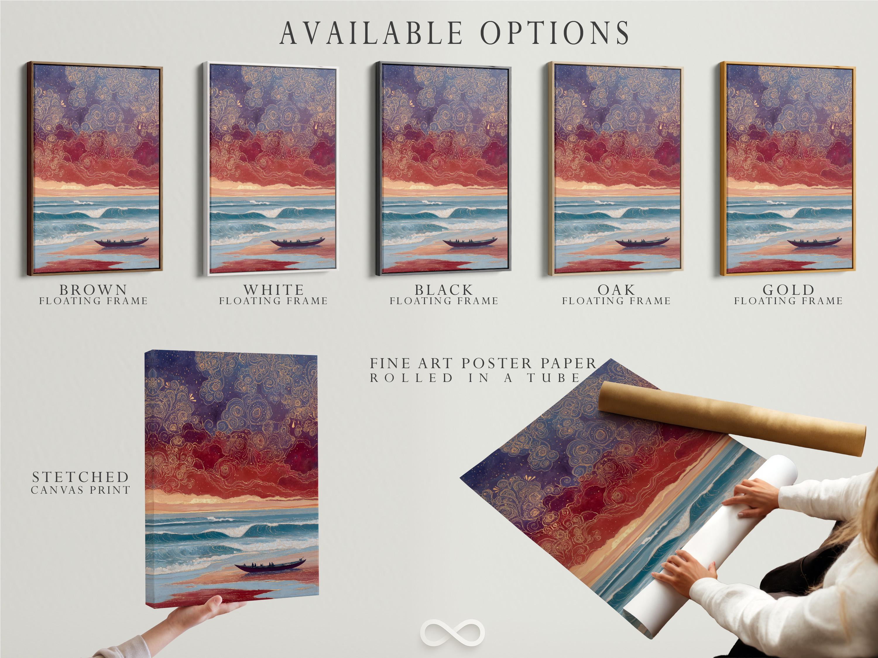 Stylised sunset seascape with teal waves, a sandy beach, a dark boat, and swirling gold rose linework in the purple sky detail view