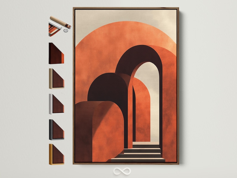 Abstract geometric archway artwork with burnt orange curves and dark charcoal doorway shapes