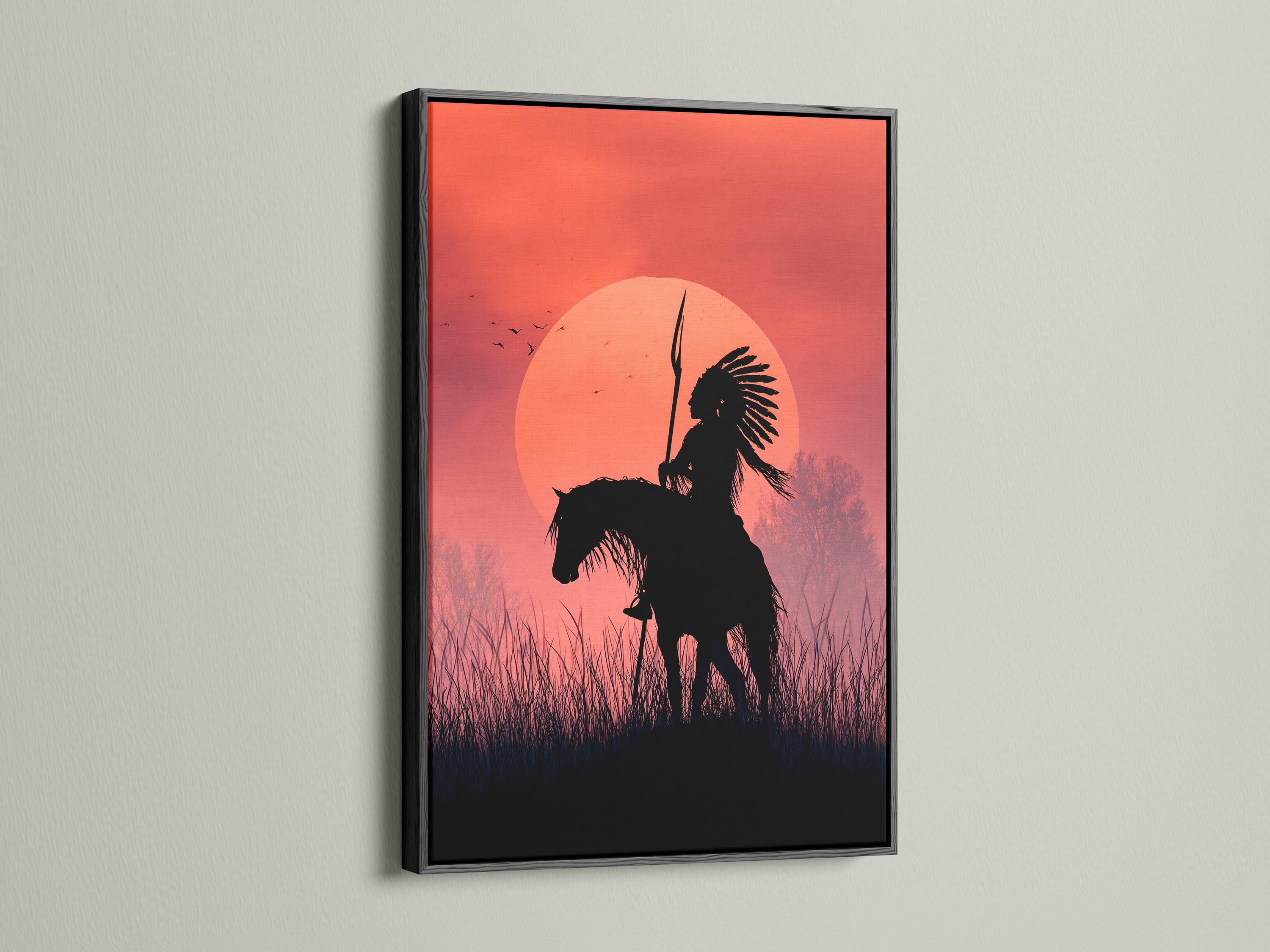 Red sunset circle with a dark horse rider silhouette holding a spear, birds in flight and silhouetted grasses detail view