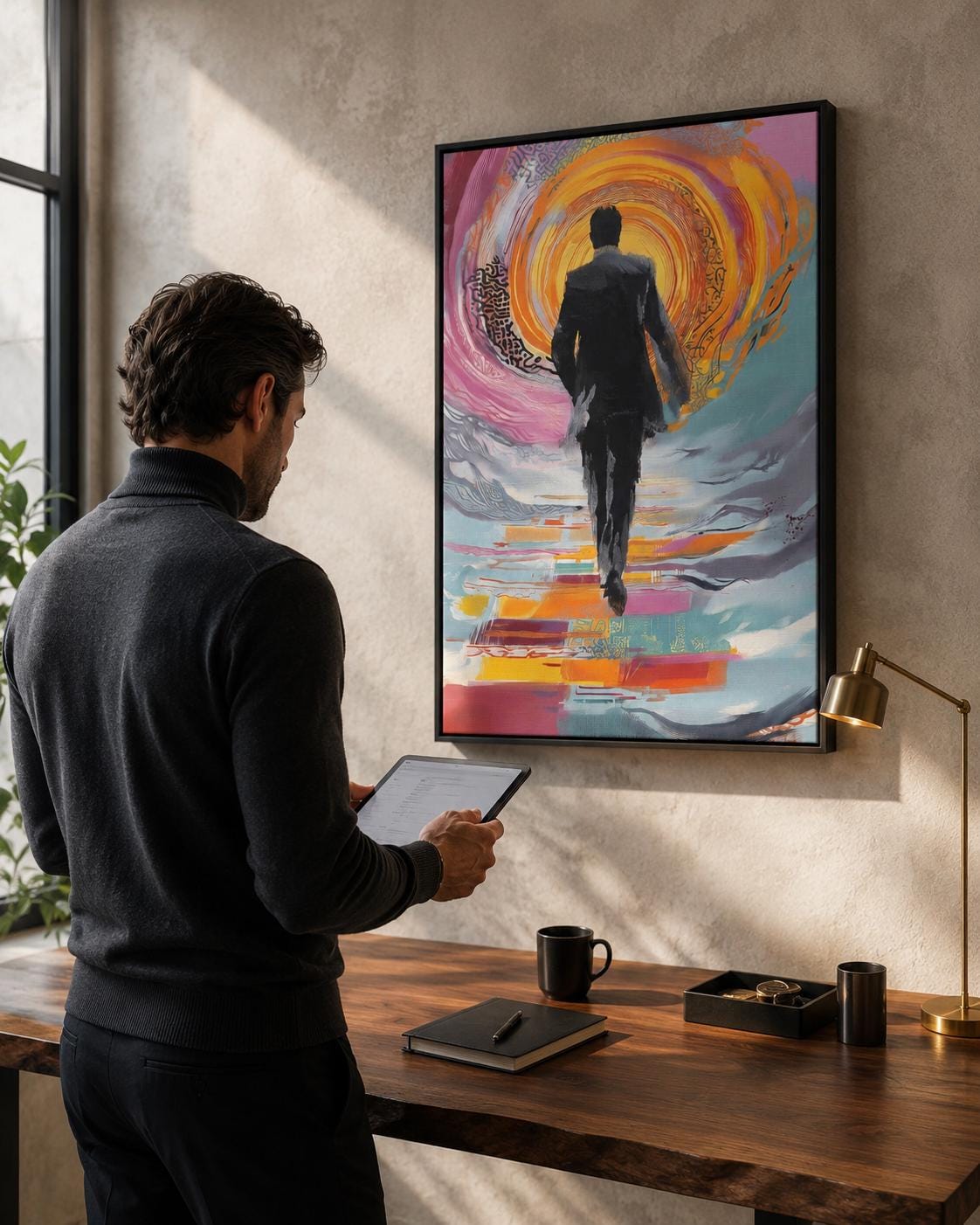 Person seated in a living room with a framed abstract man silhouette artwork on the wall