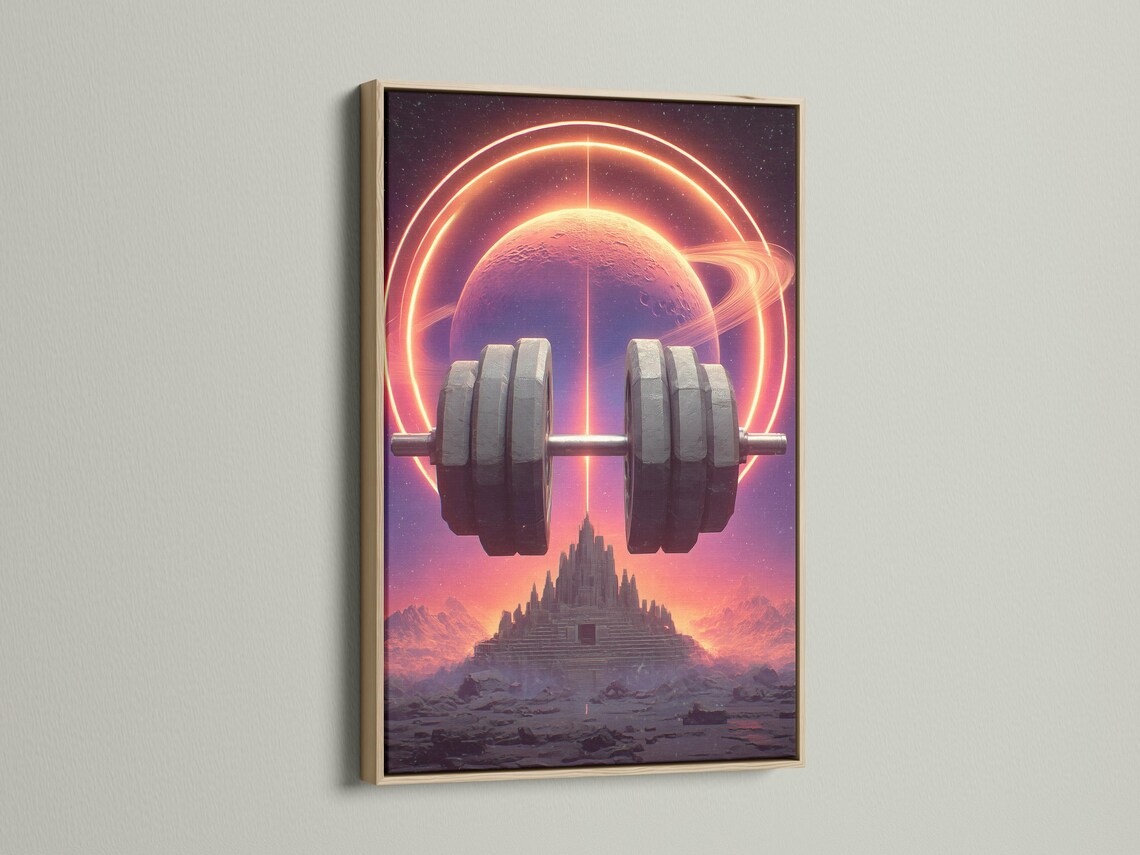 Futuristic gym wall art artwork mockup with neon planet and barbell
