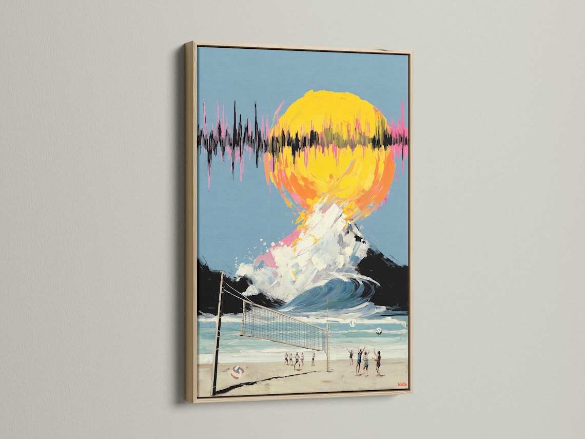 Mockup showing framed artwork featuring surreal beach volleyball and a neon sunset wave