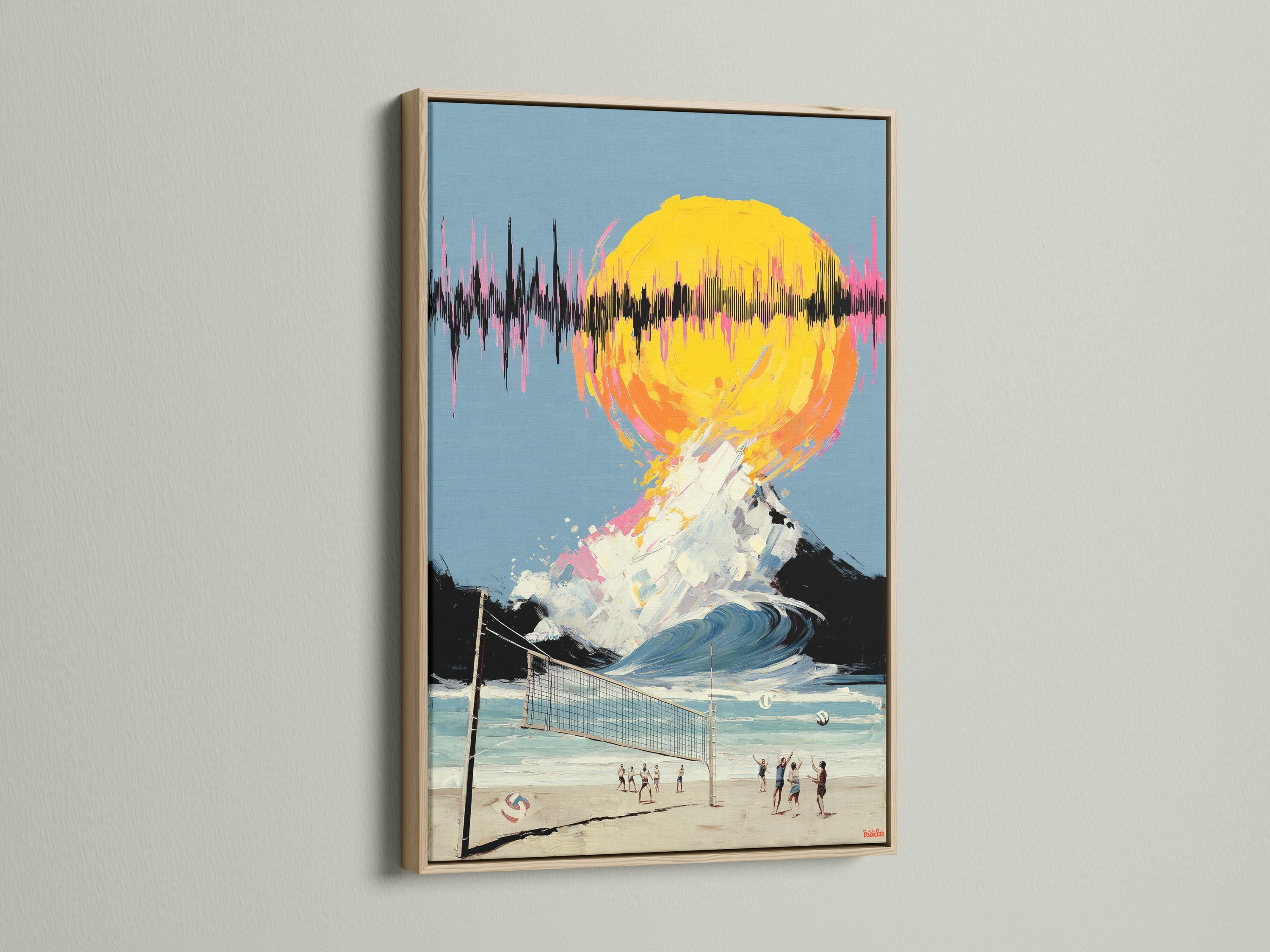 Mockup showing framed artwork featuring surreal beach volleyball and a neon sunset wave