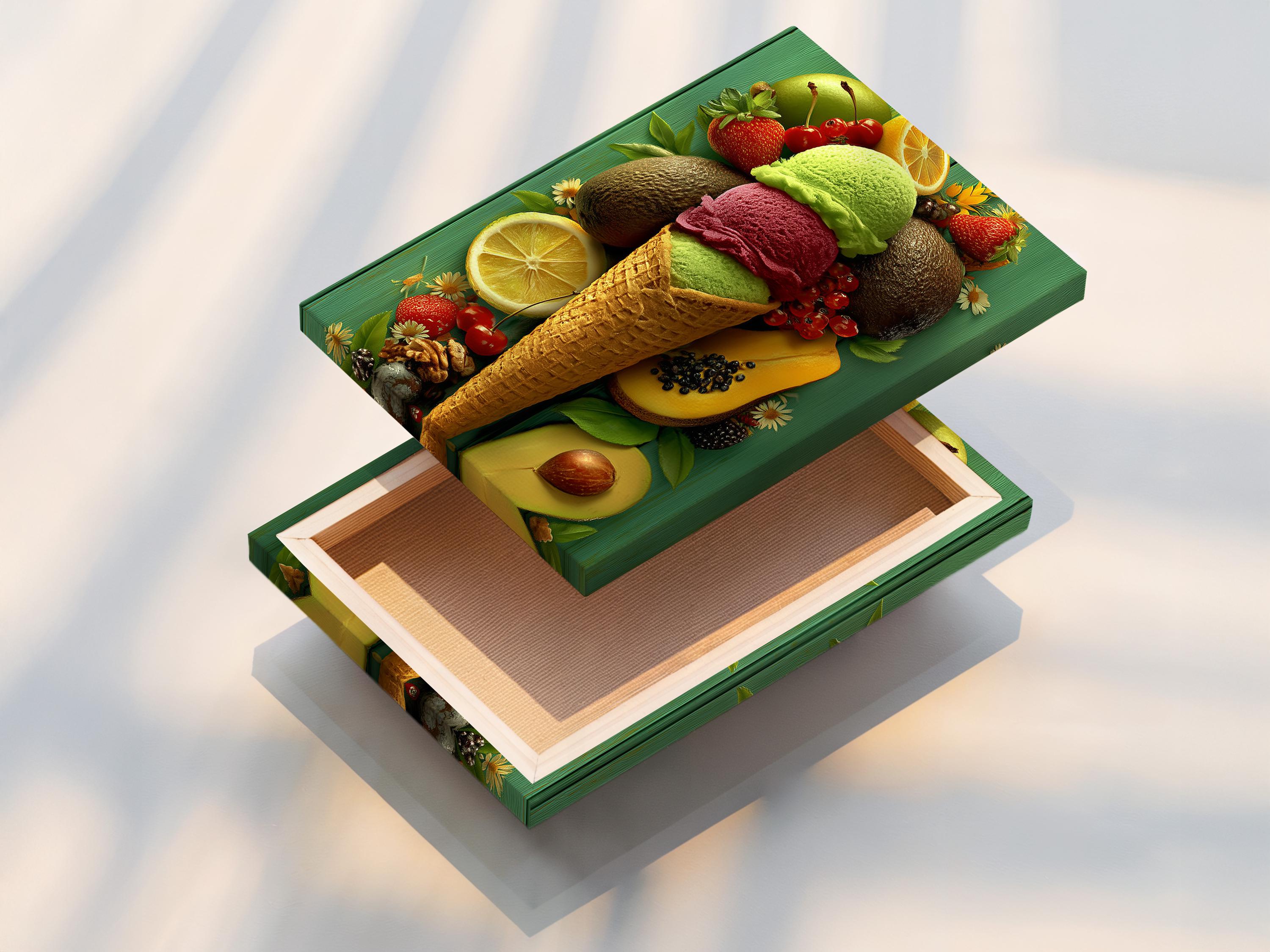 A vivid illustration shows an ice-cream cone filled with green, pink and brown scoops, topped with surrounding fruit and small flowers on a teal