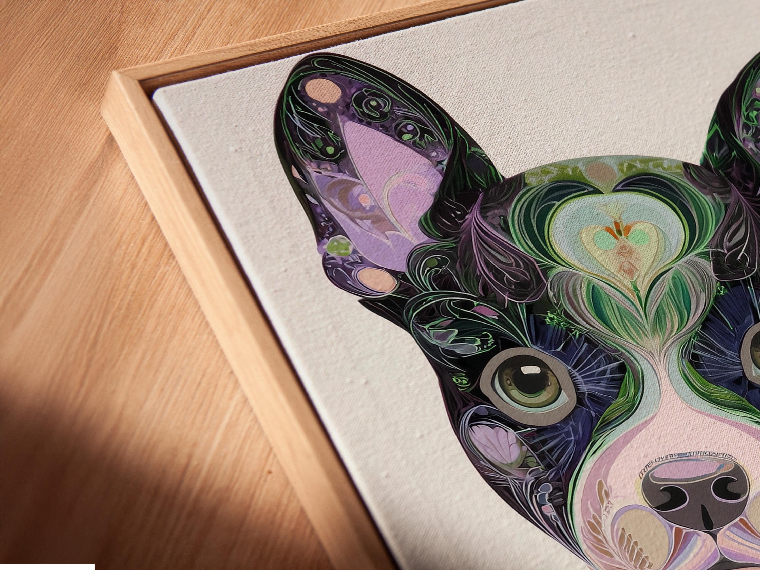 Stylised dog portrait filled with swirling floral patterns in purple, green and pink on a light background detail view