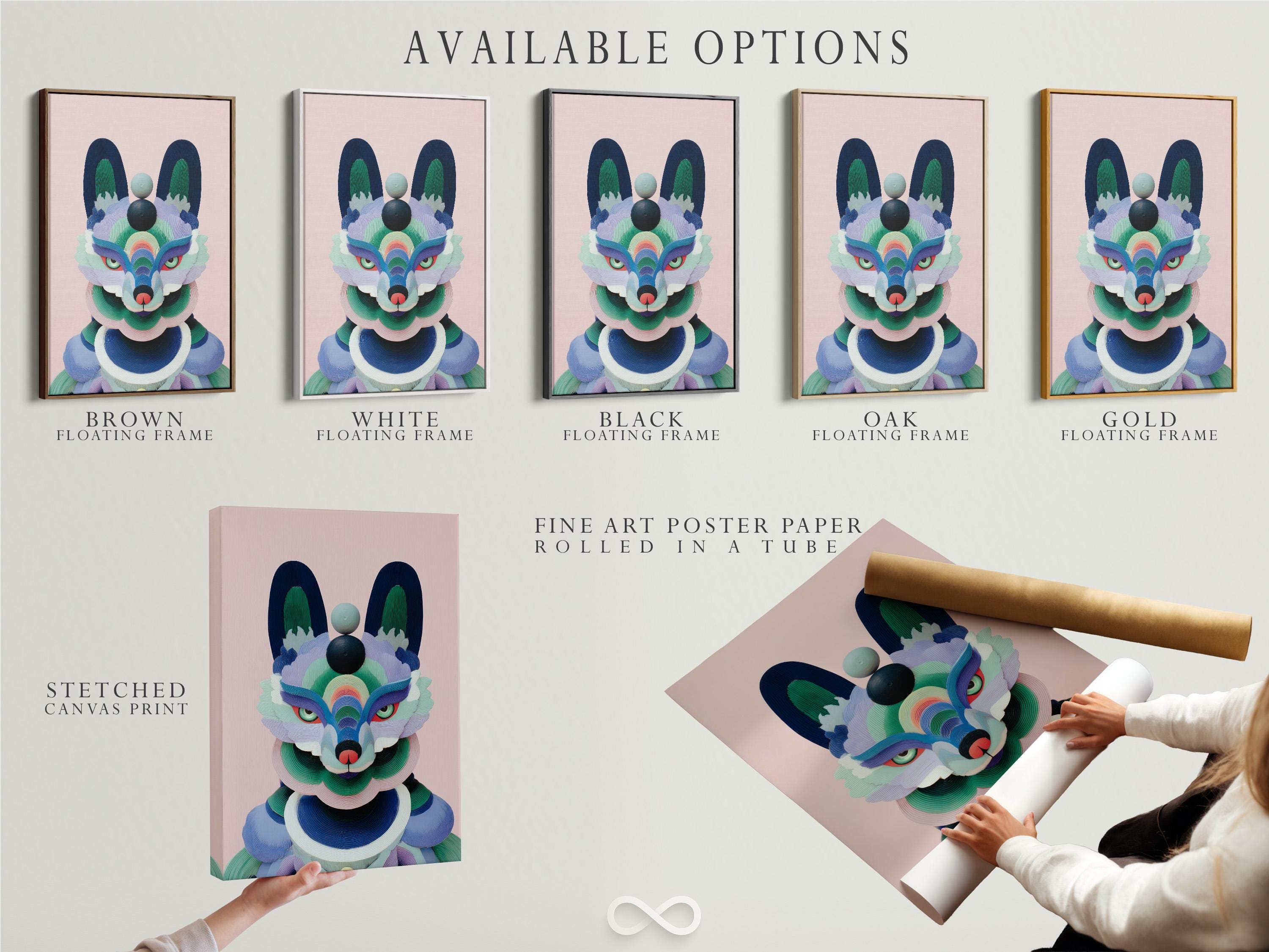 Stylised pastel fox portrait with layered geometric fur shapes on a pink background detail view