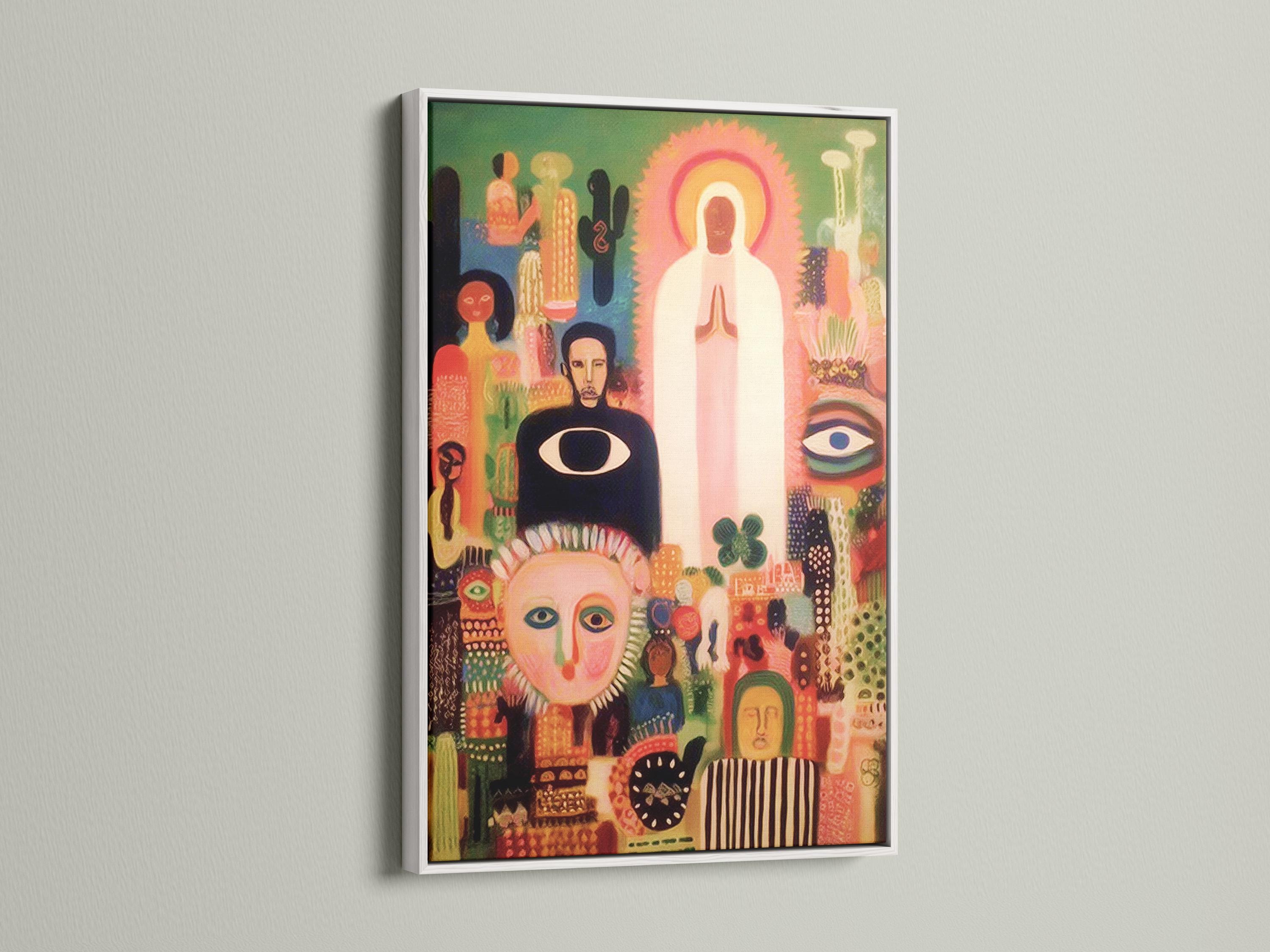 Sunburst halo abstract faces artwork with pink, green and gold figures detail view