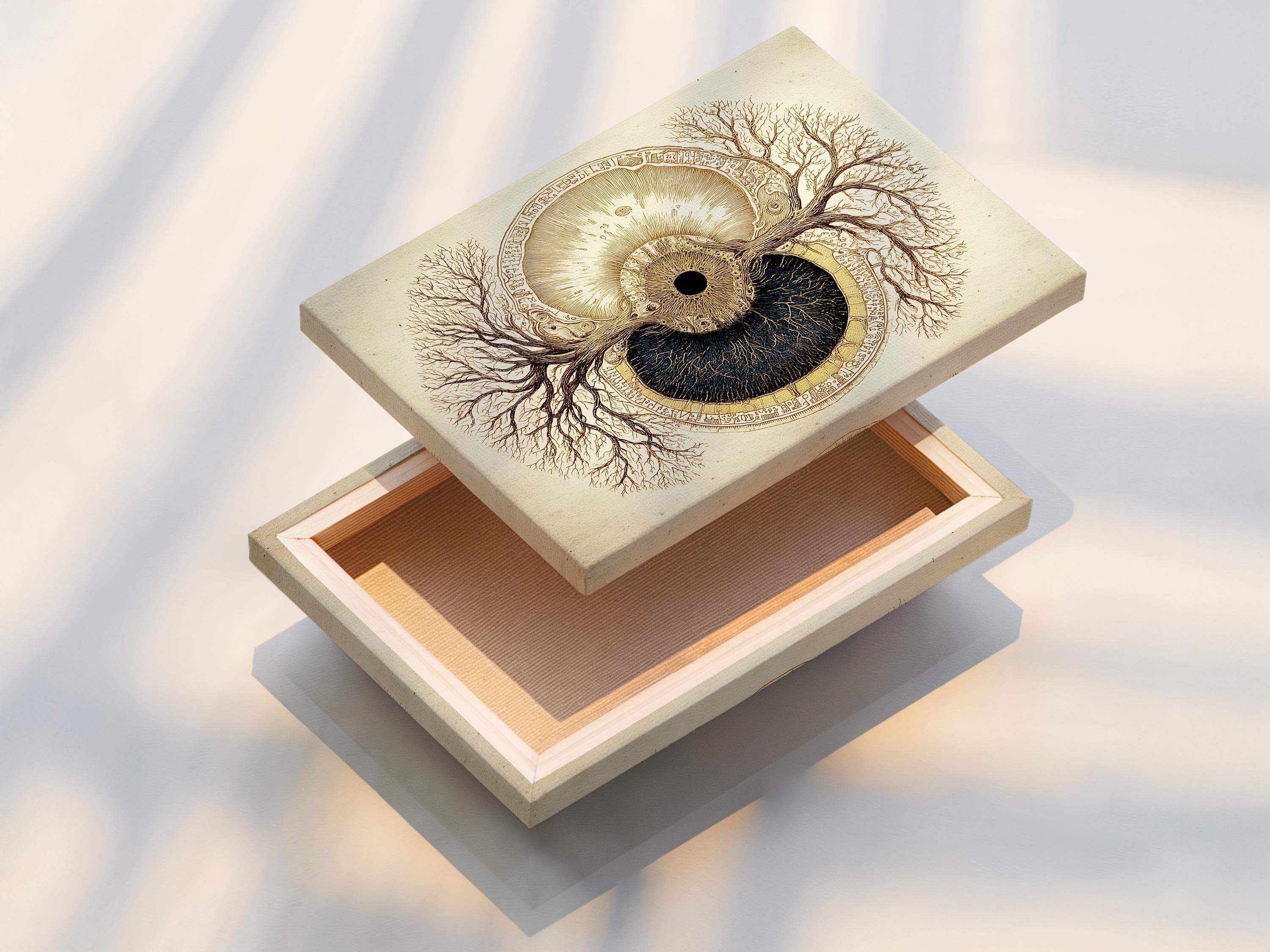 Tree of life symbol with gold and dark navy split circle on a beige background detail view