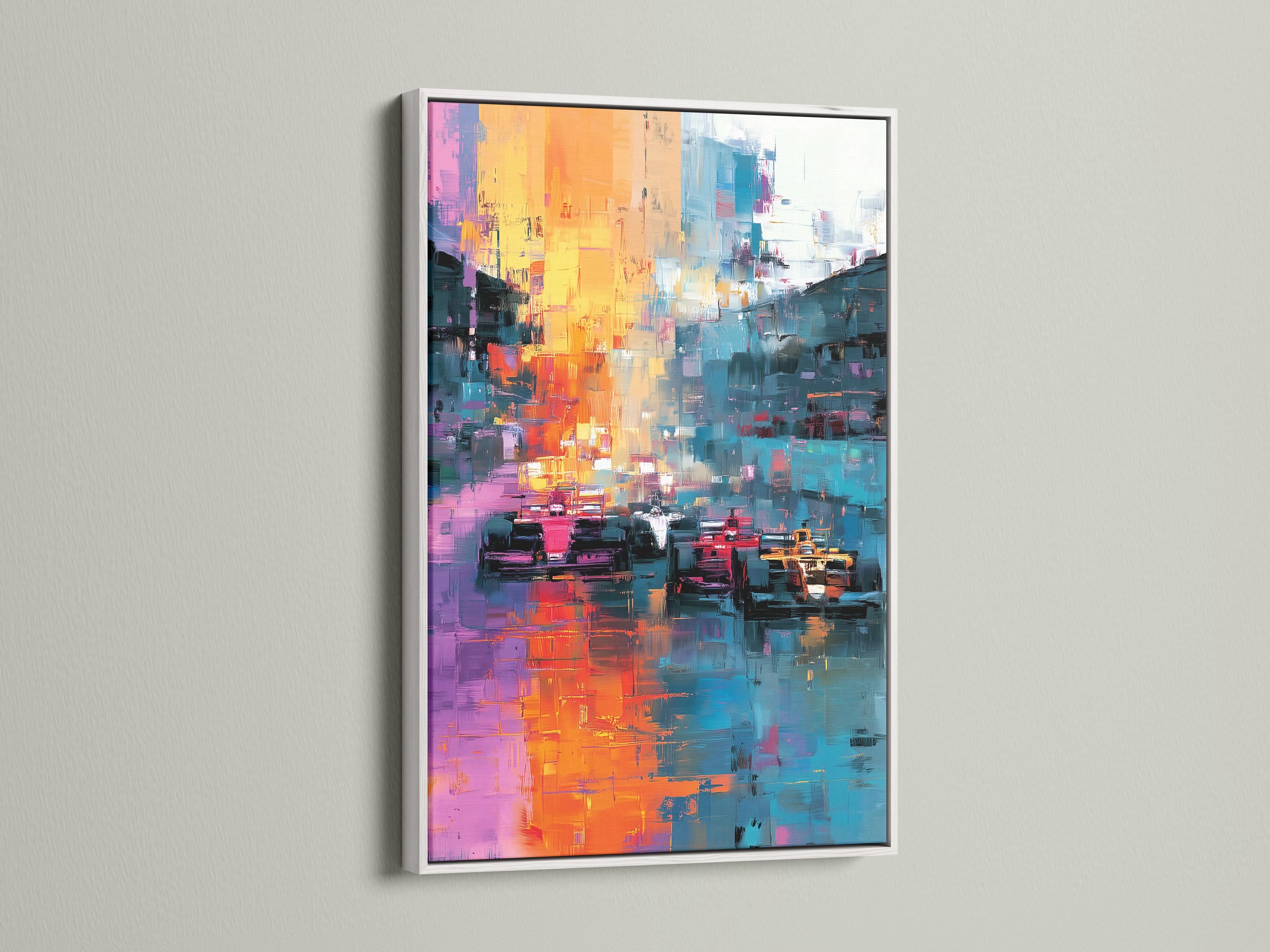 Room mockup with a large framed abstract cityscape artwork above a seating area