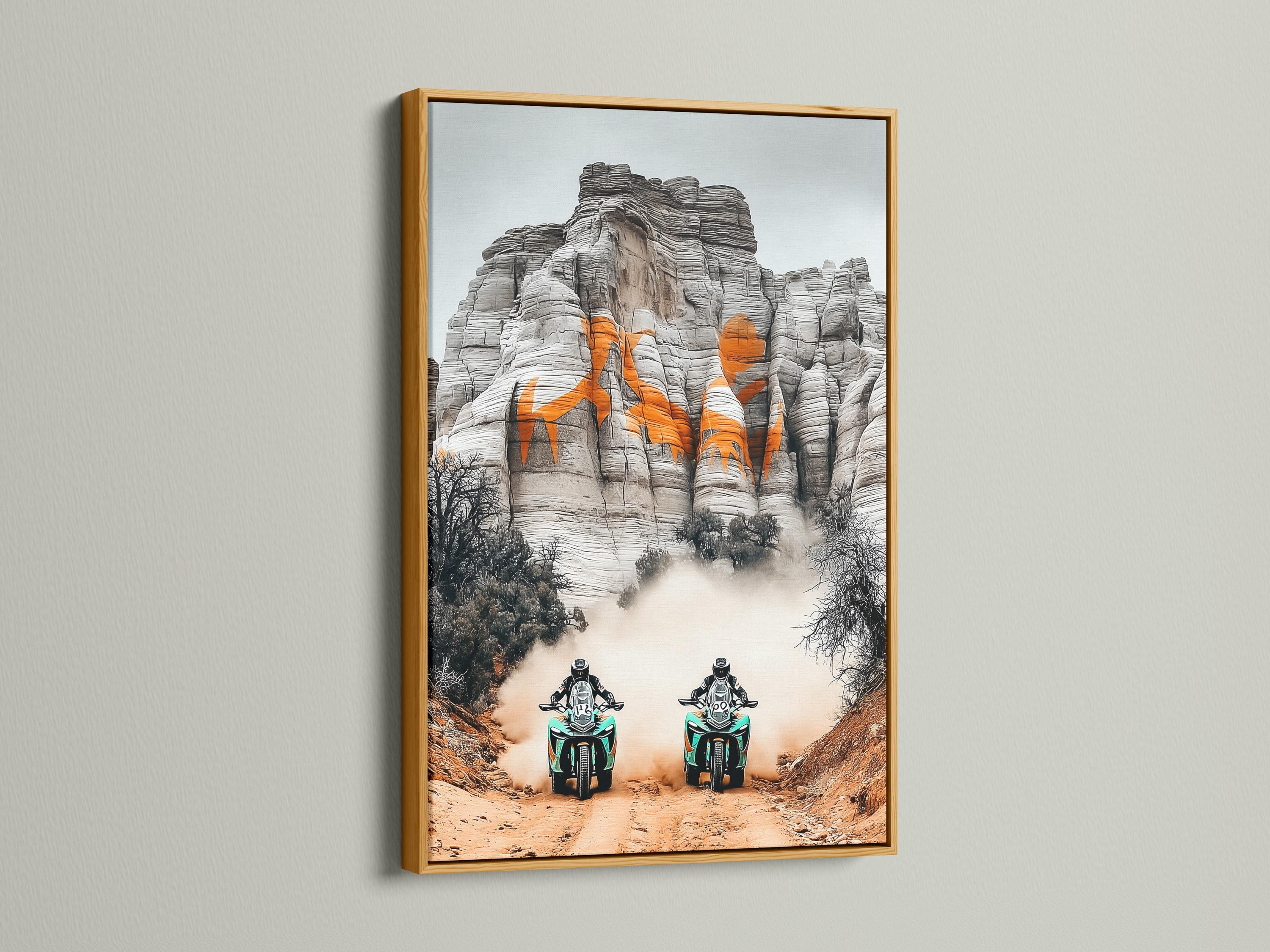 Two off-road motorcycles with turquoise accents racing through desert haze against grey cliffs detail view