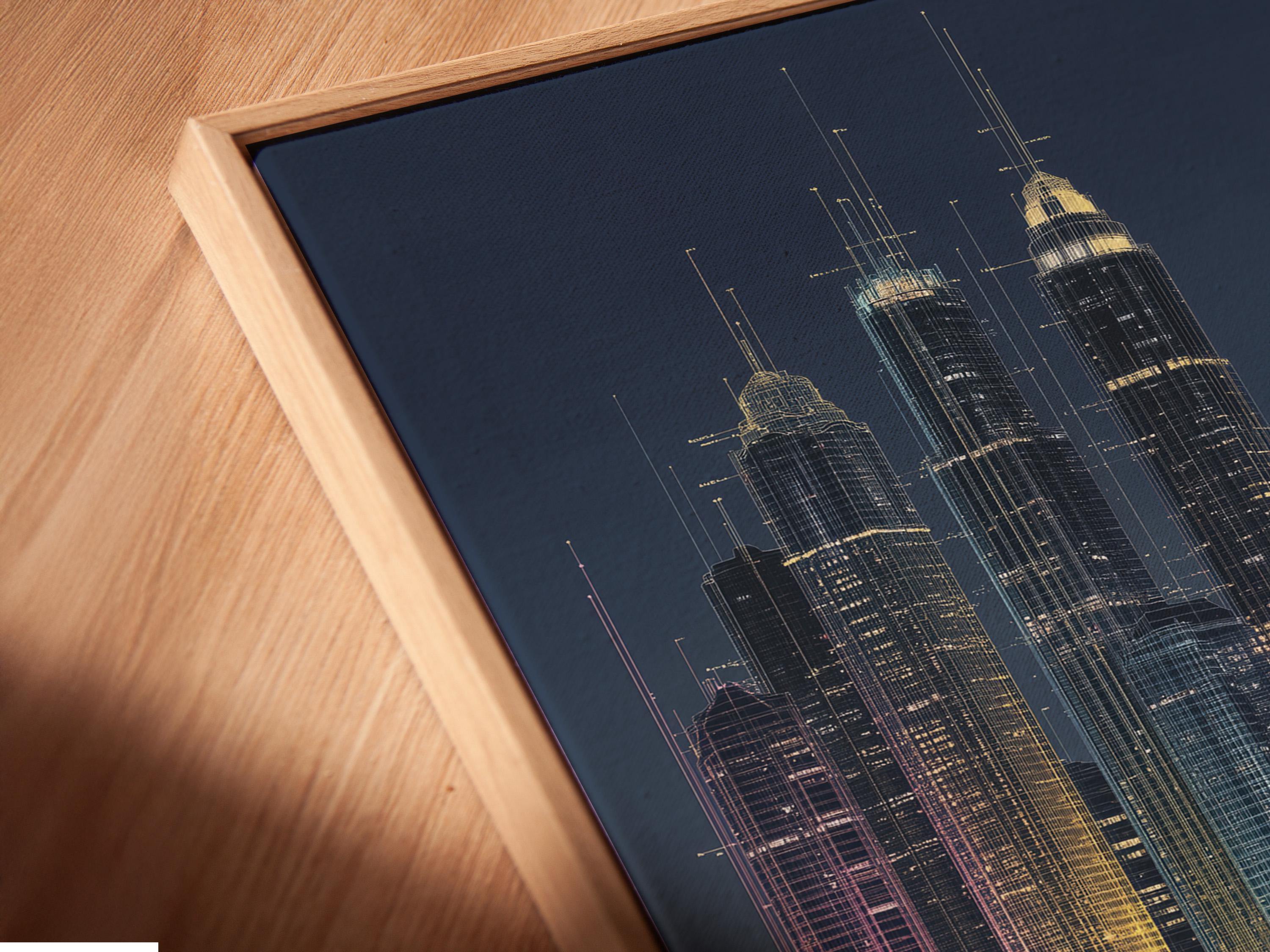 Night city skyline with glowing skyscrapers and reflections on dark water detail view