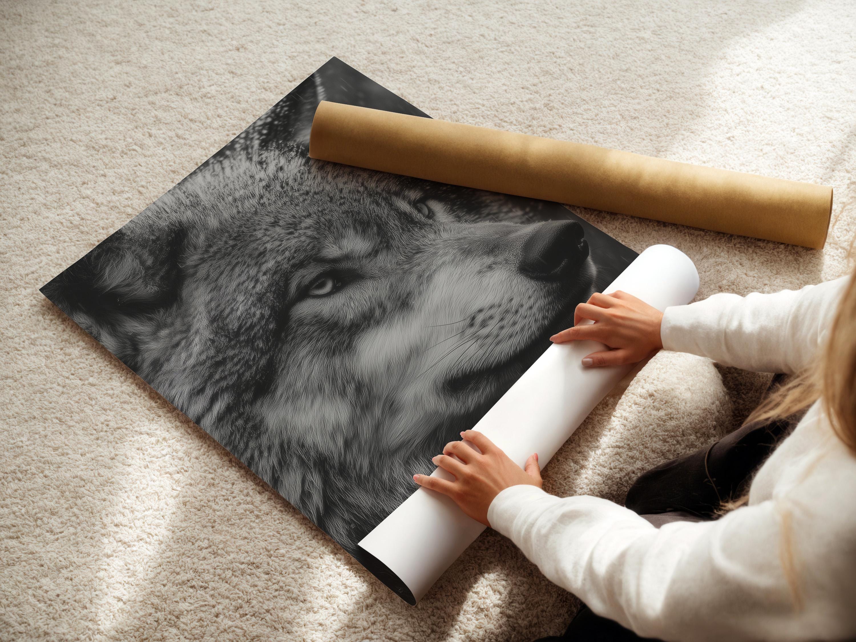 Monochrome wolf portrait artwork with detailed grayscale fur and a dark smoky background detail view