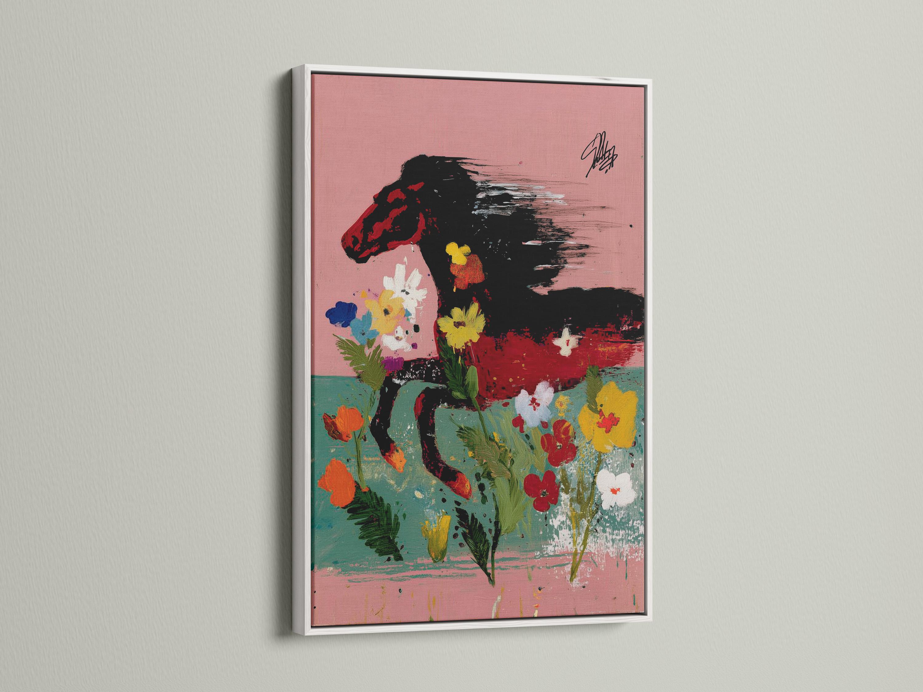 Abstract black horse profile with colourful flowers on a pink background detail view