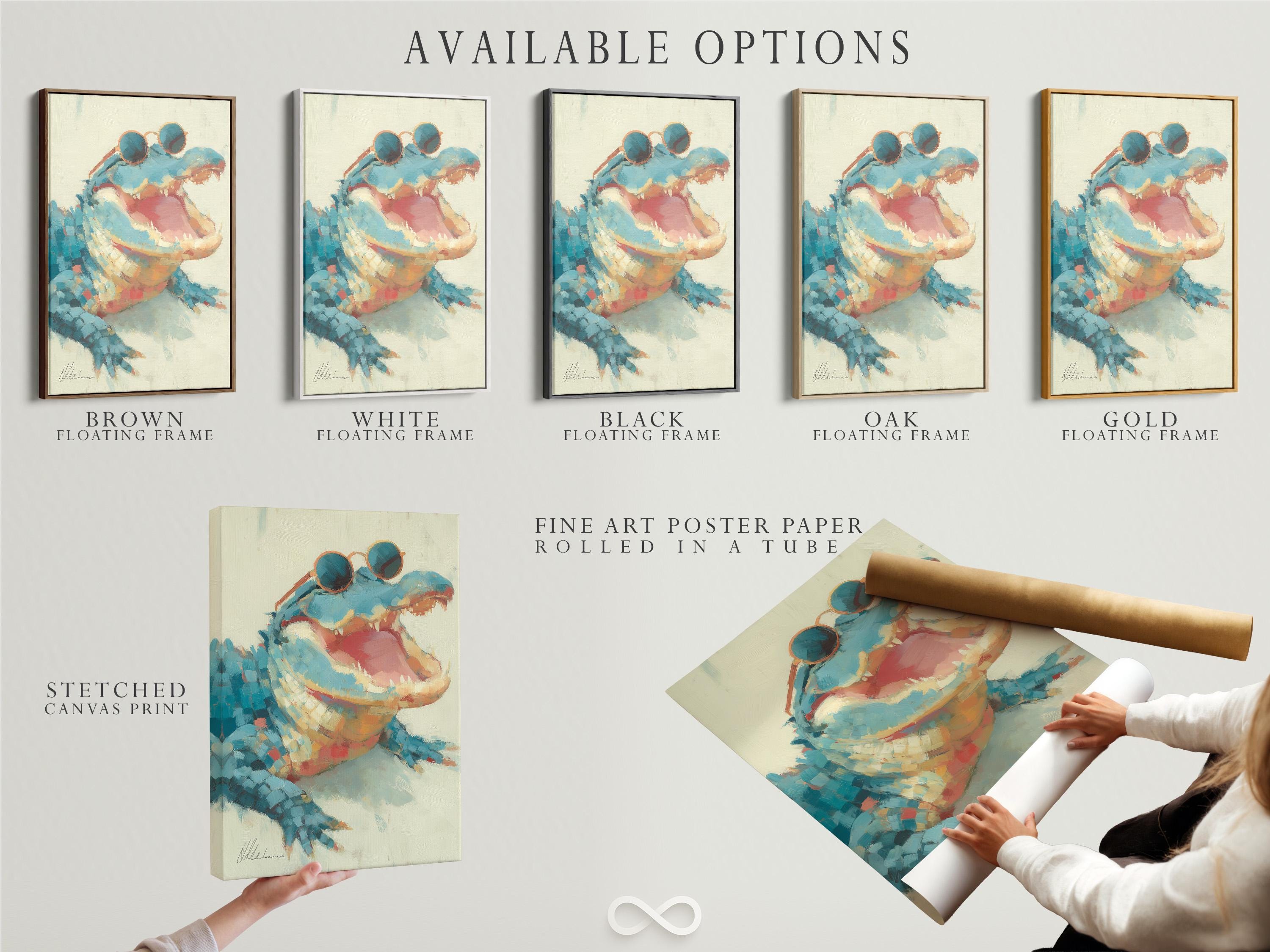 Gator artwork on a framed portrait mockup against a light background
