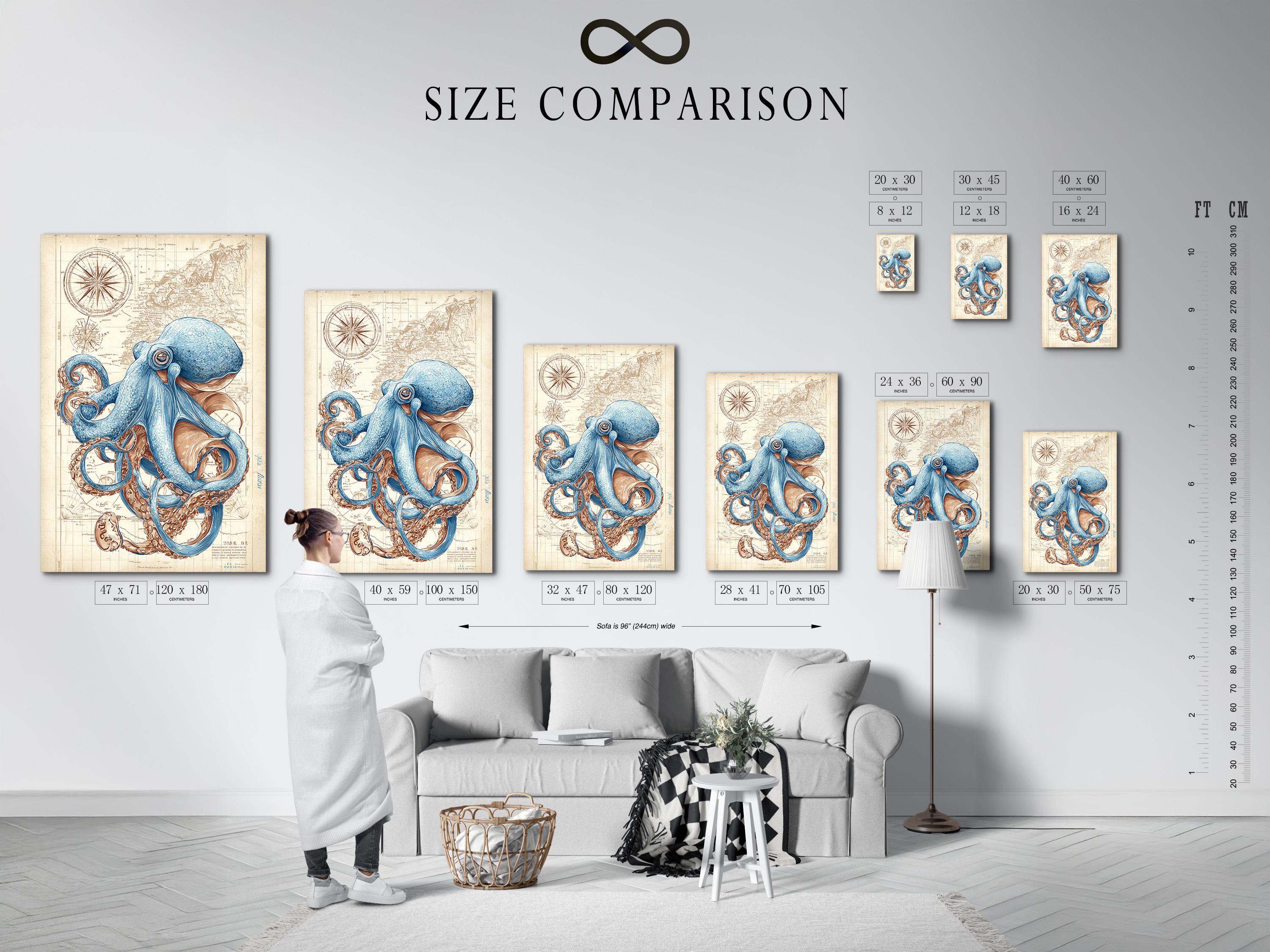 Blue octopus illustration over an antique beige nautical map with compass-like circles detail view