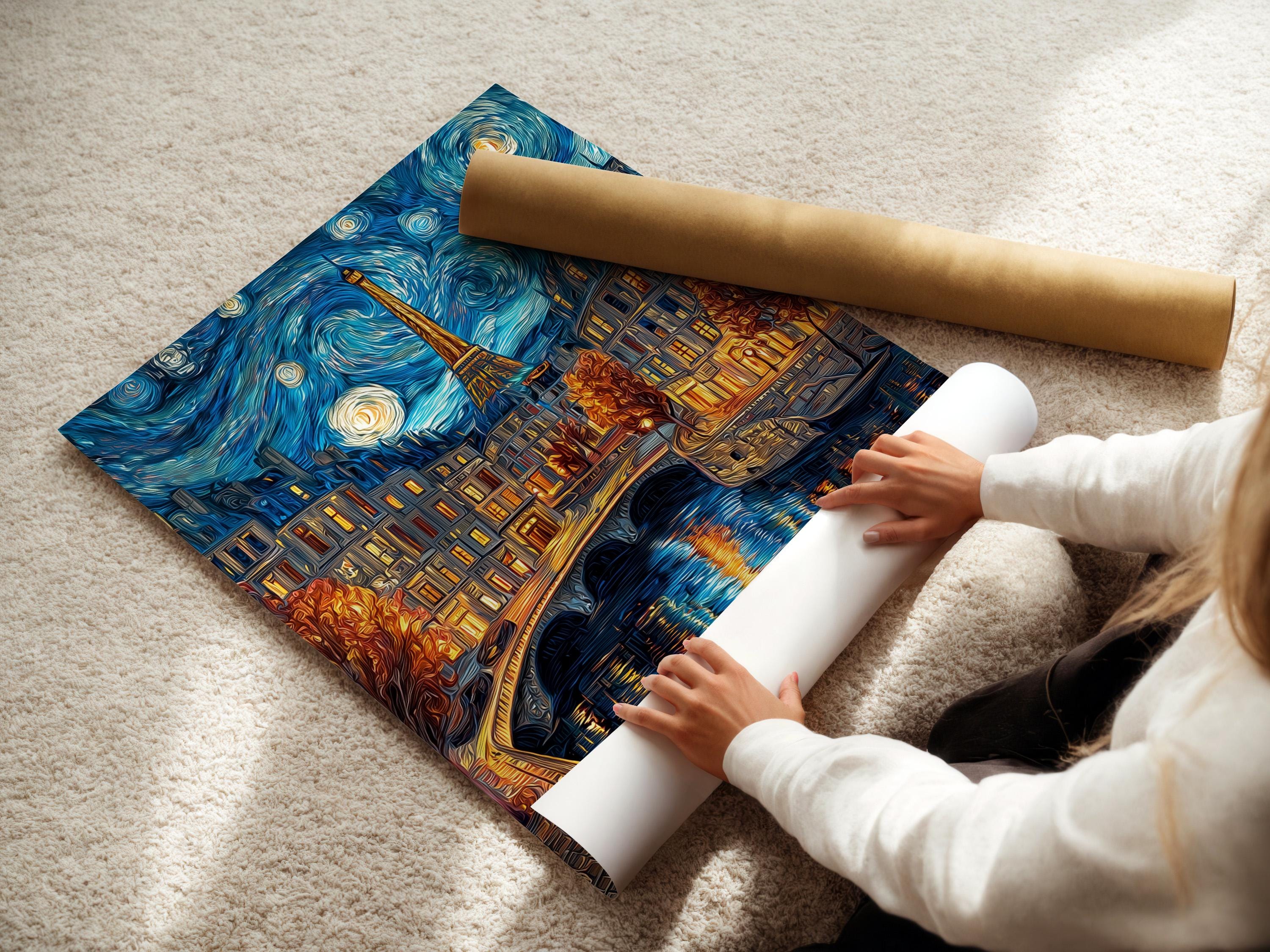 Woman hanging a framed night cityscape painting featuring the Eiffel Tower on a brick wall