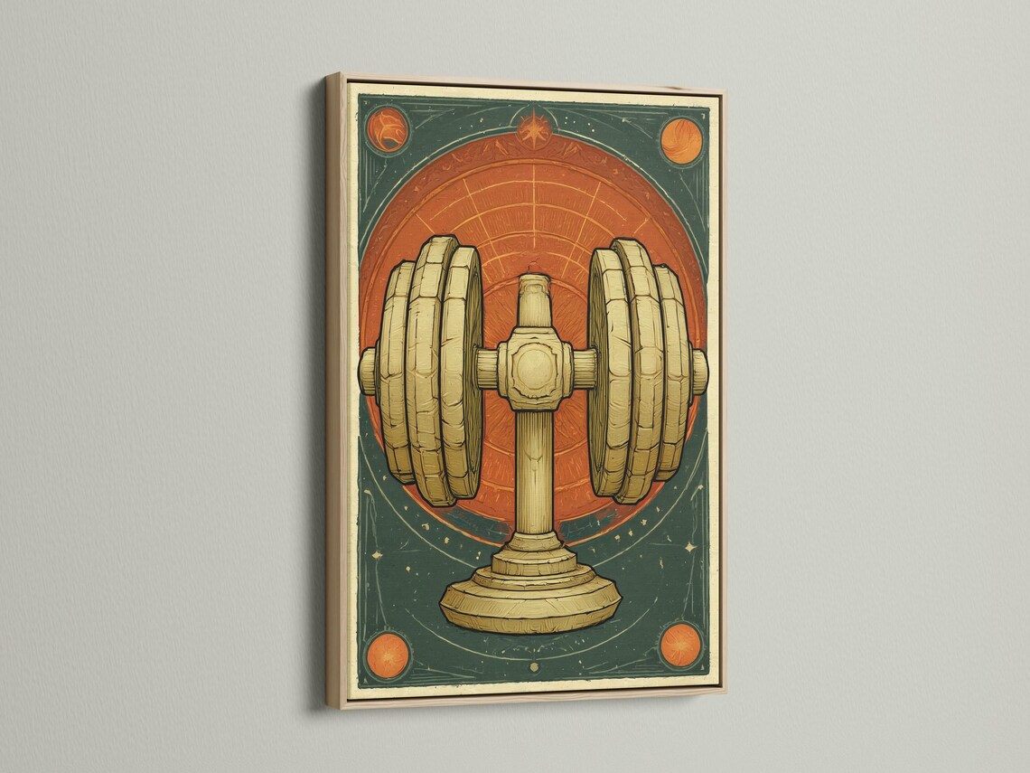 Framed gold dumbbell artwork shown on a wall with other matching pieces