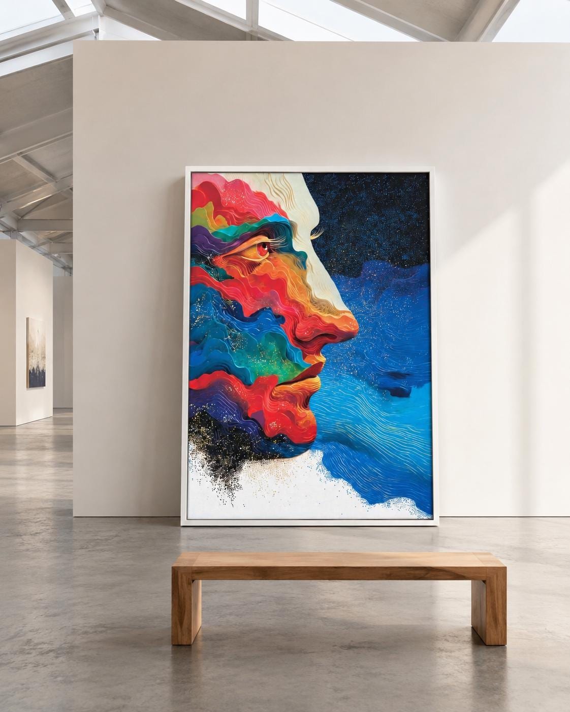 Abstract face in side profile with flowing red, blue and teal shapes and warm gold highlights on a dark starry background detail view