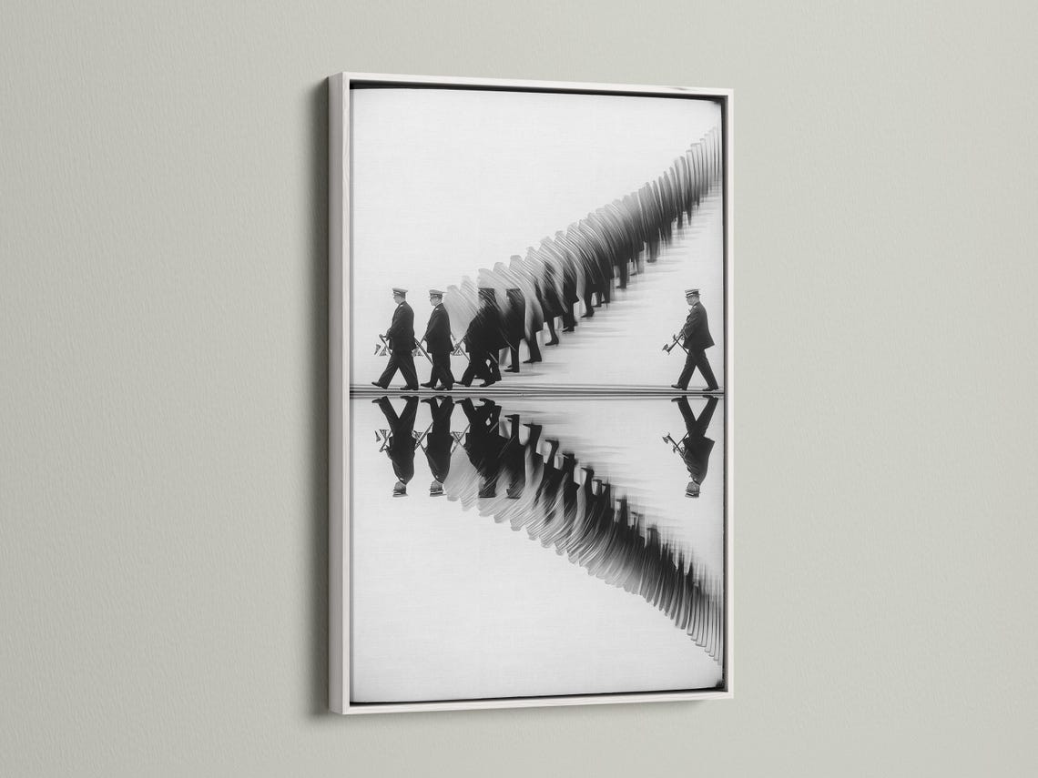 Black and white image of a marching band with mirrored reflection on a pale surface detail view