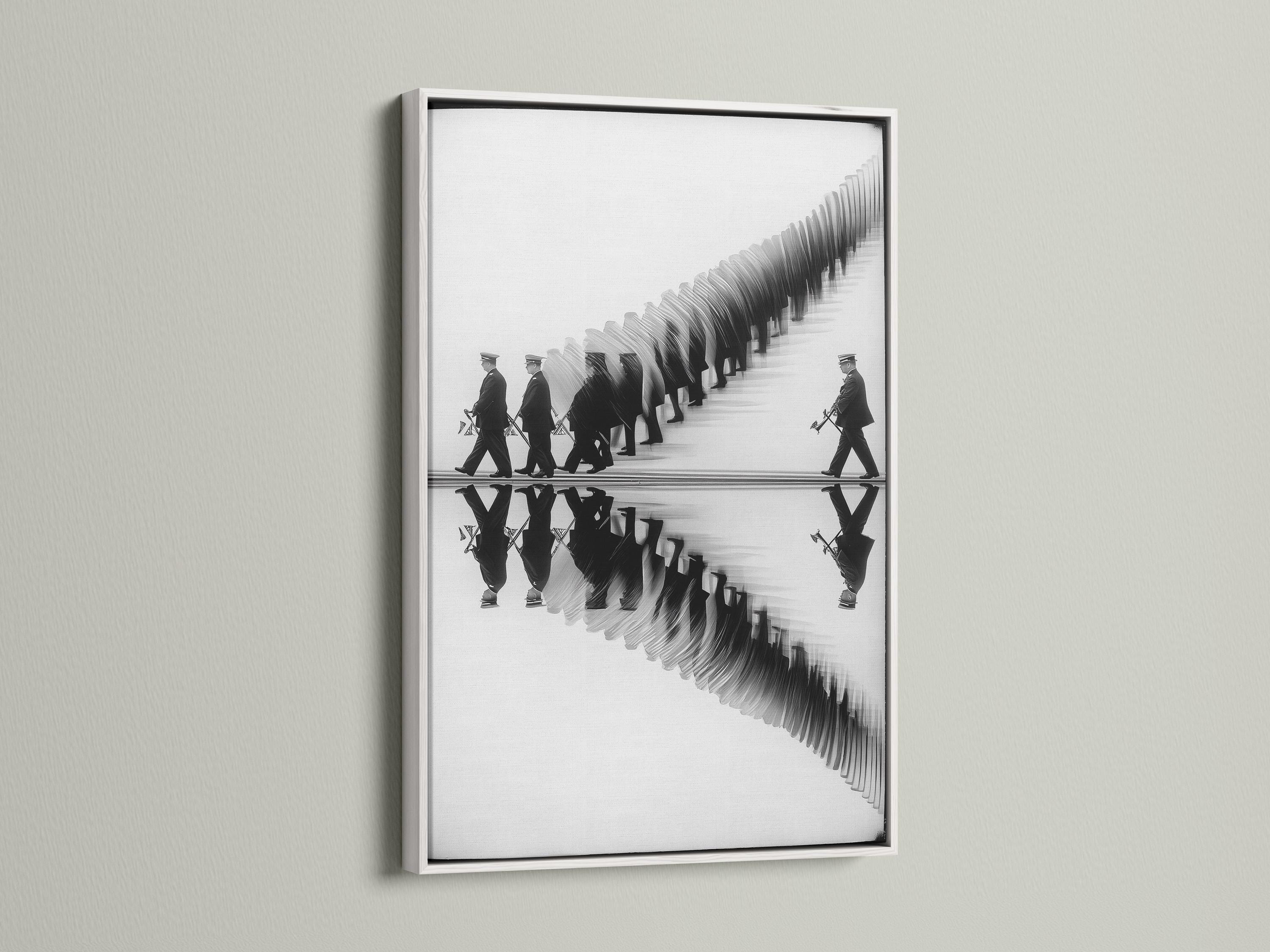 Black and white image of a marching band with mirrored reflection on a pale surface detail view