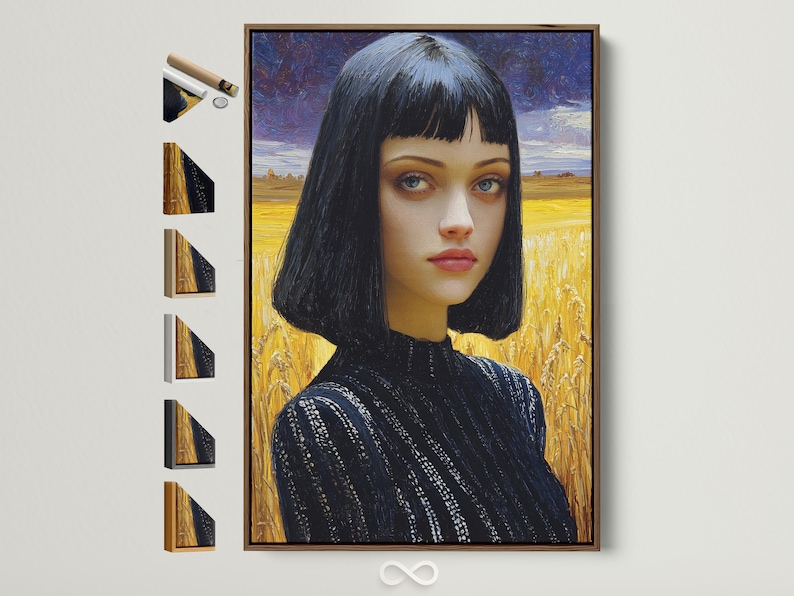 A dark-haired woman’s portrait is painted in front of a golden wheat field, set against a blue, swirling night-sky backdrop