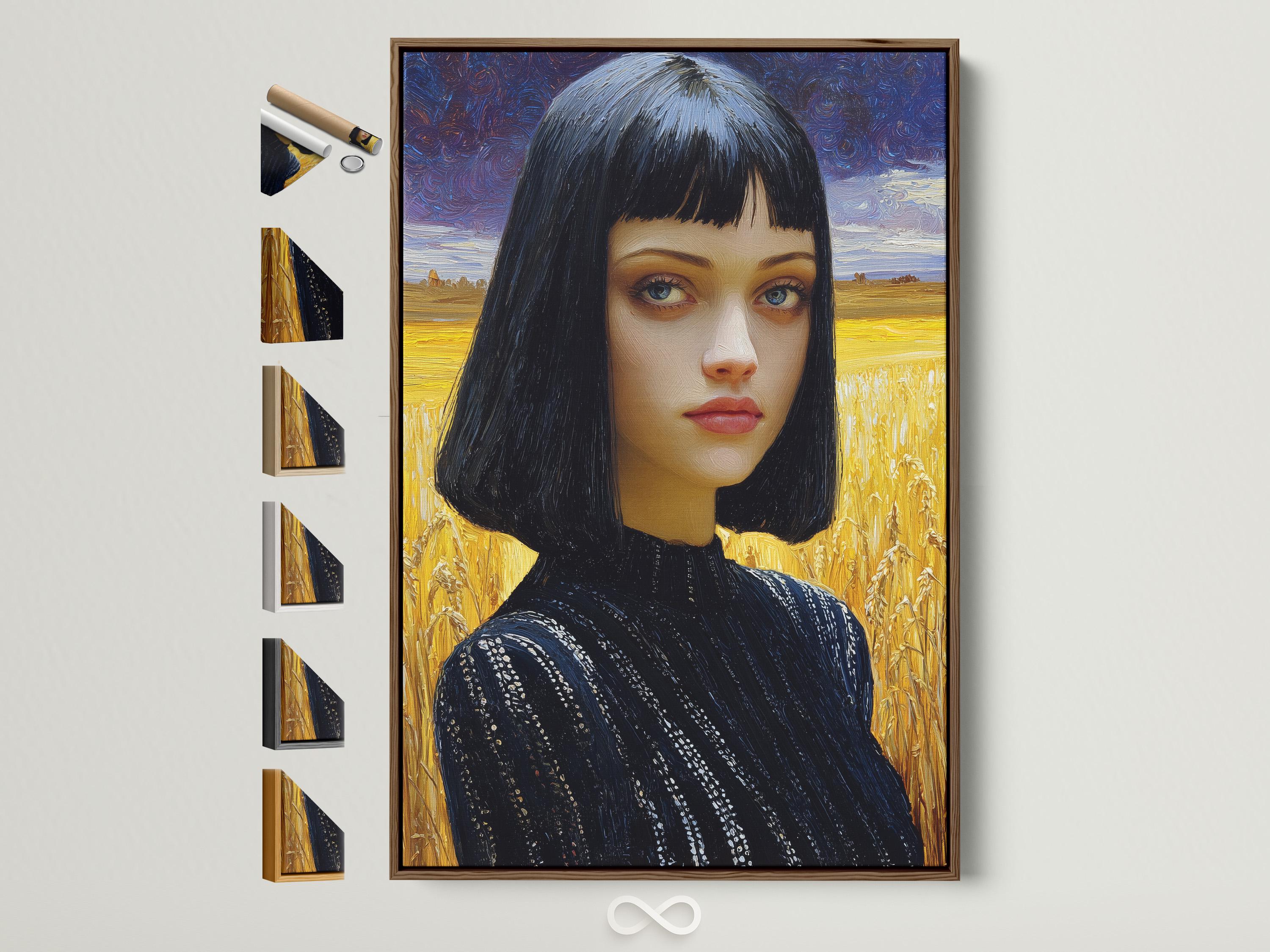 A dark-haired woman’s portrait is painted in front of a golden wheat field, set against a blue, swirling night-sky backdrop