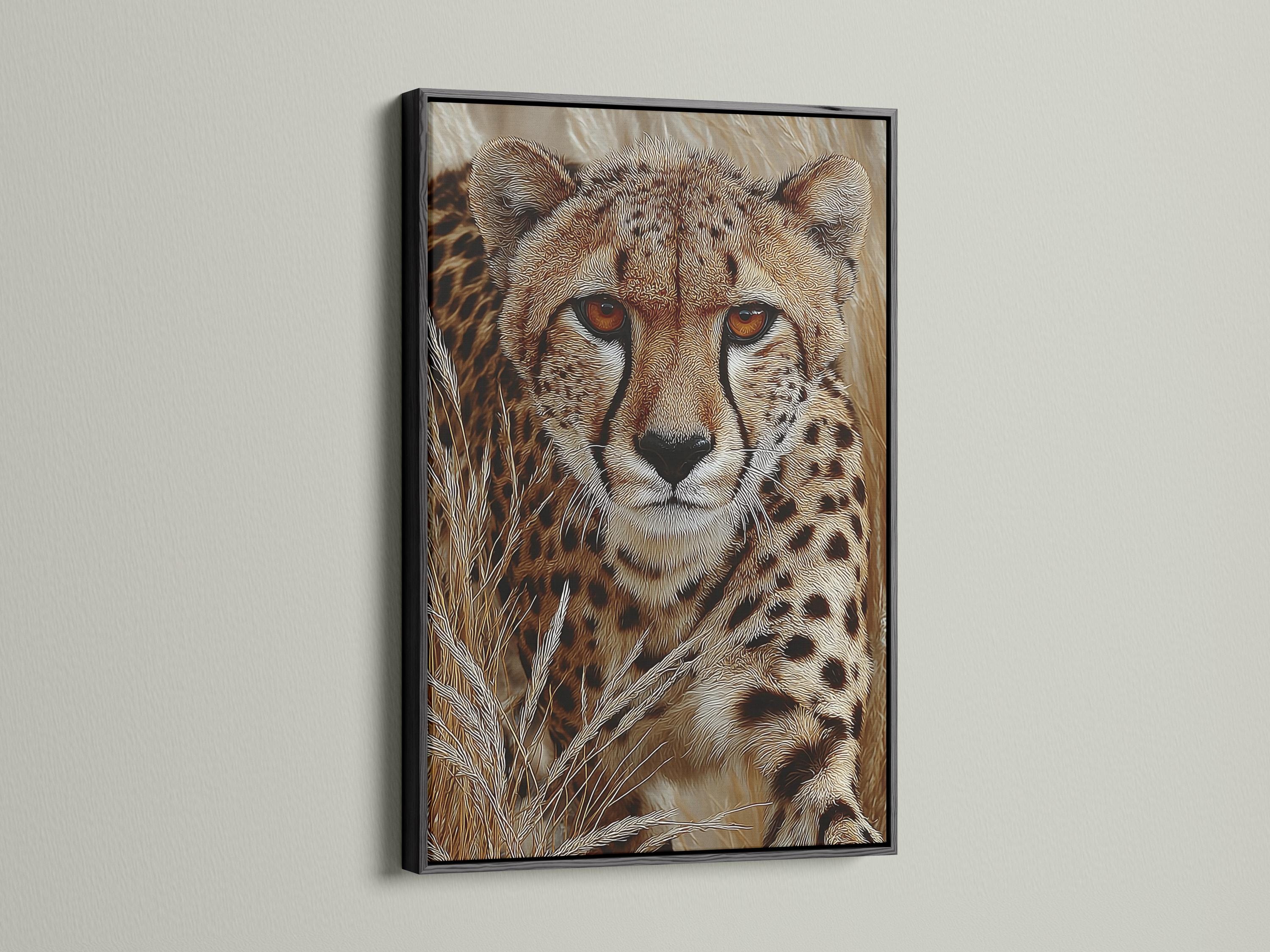 Textured cheetah portrait with amber eyes in warm brown and beige tones detail view
