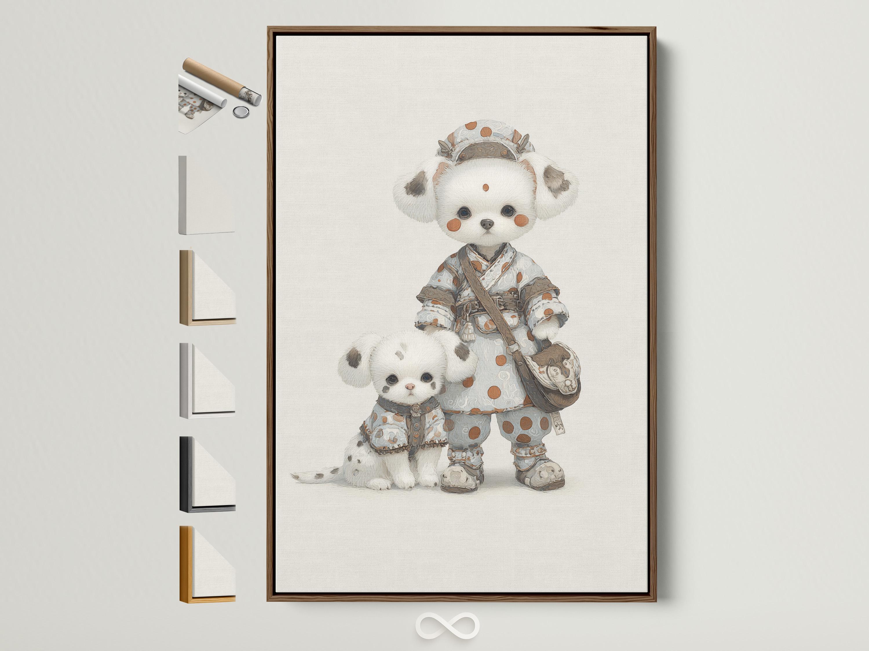 Illustrated beige puppy pair in patterned clothing against a cream background
