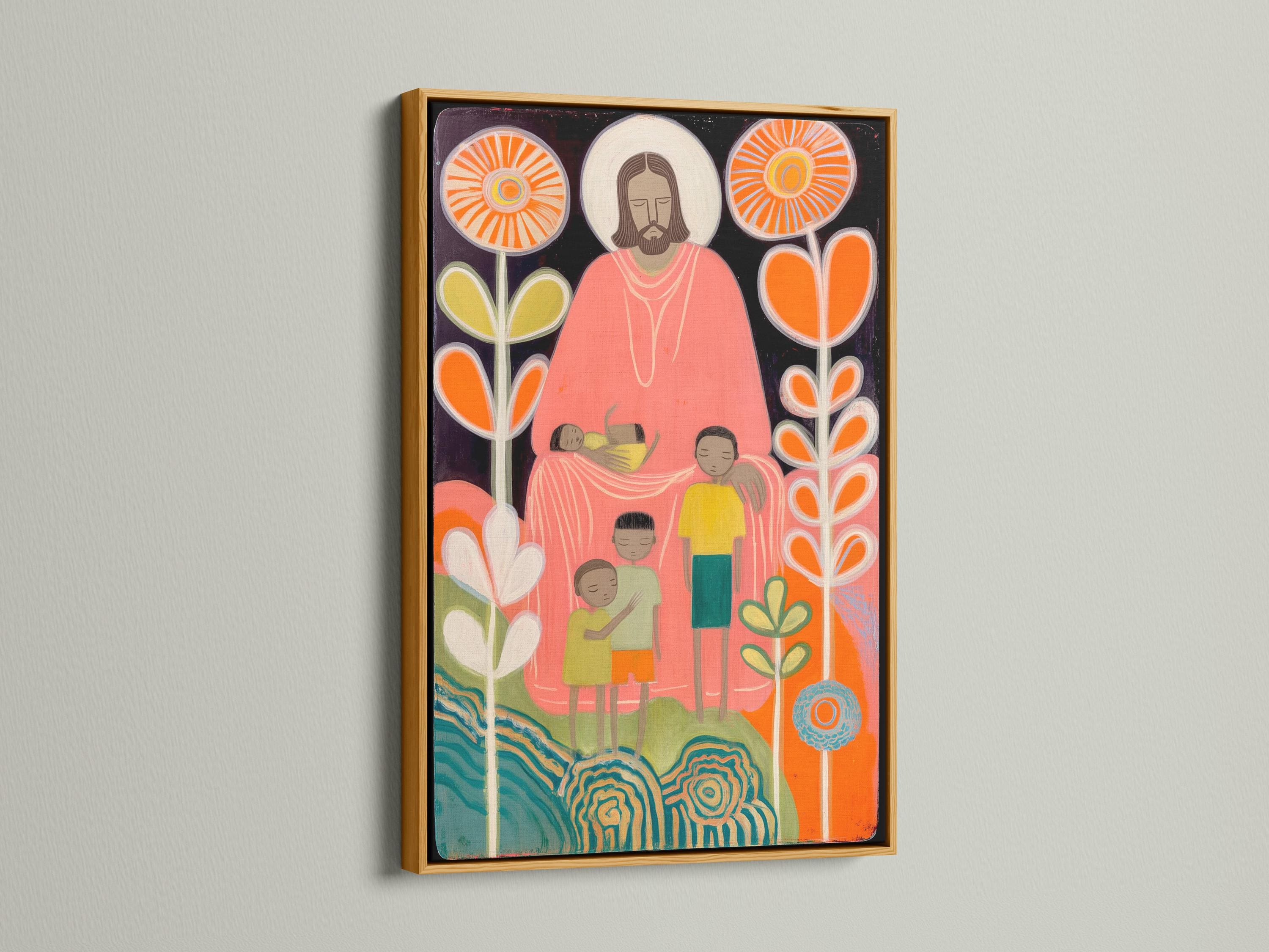 Folk art religious illustration of a haloed bearded figure with children, surrounded by glowing circles and flower stems detail view